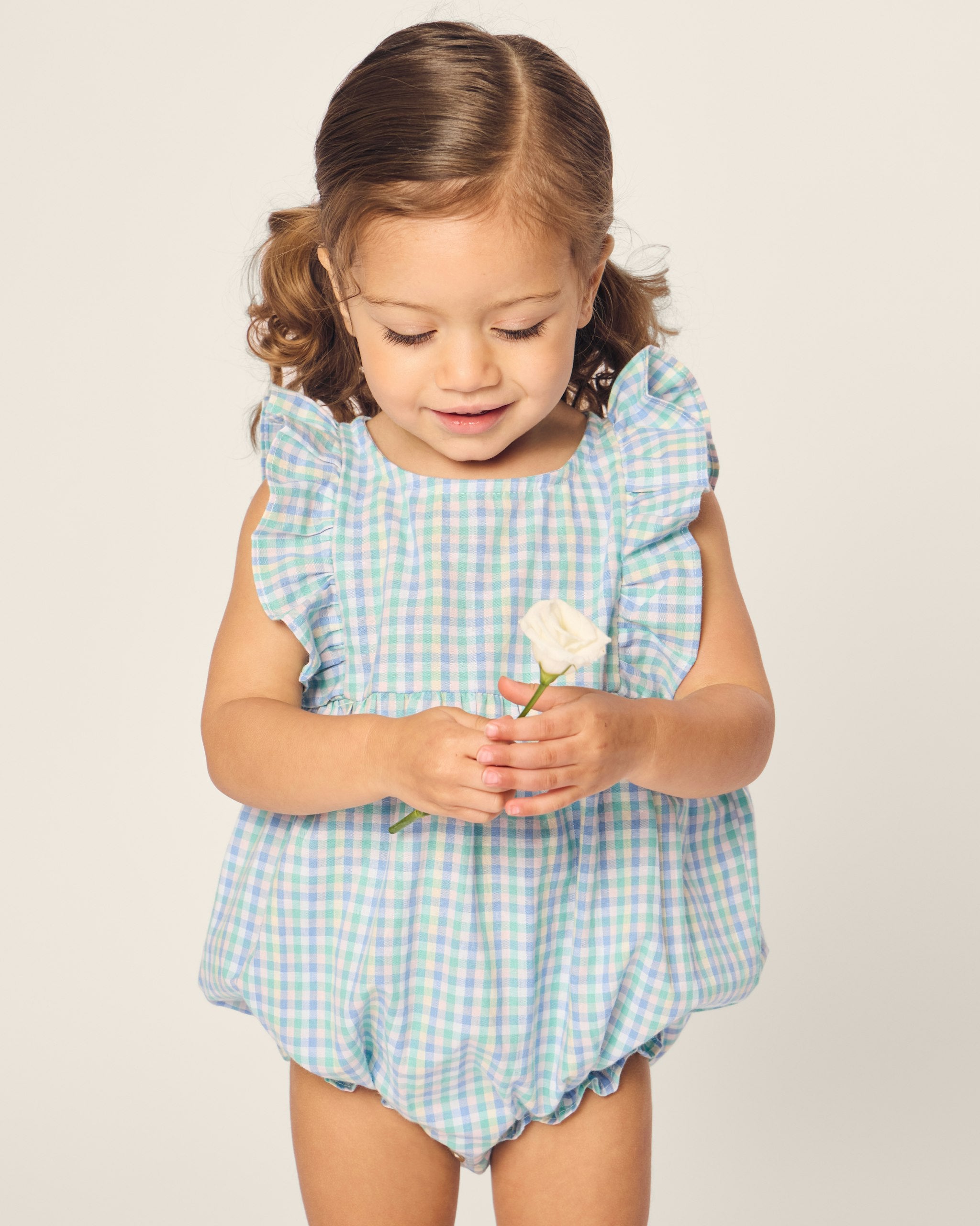 Baby's Twill Ruffled Romper in Royal Blue Gingham in Spring Gingham#Color_Spring Gingham