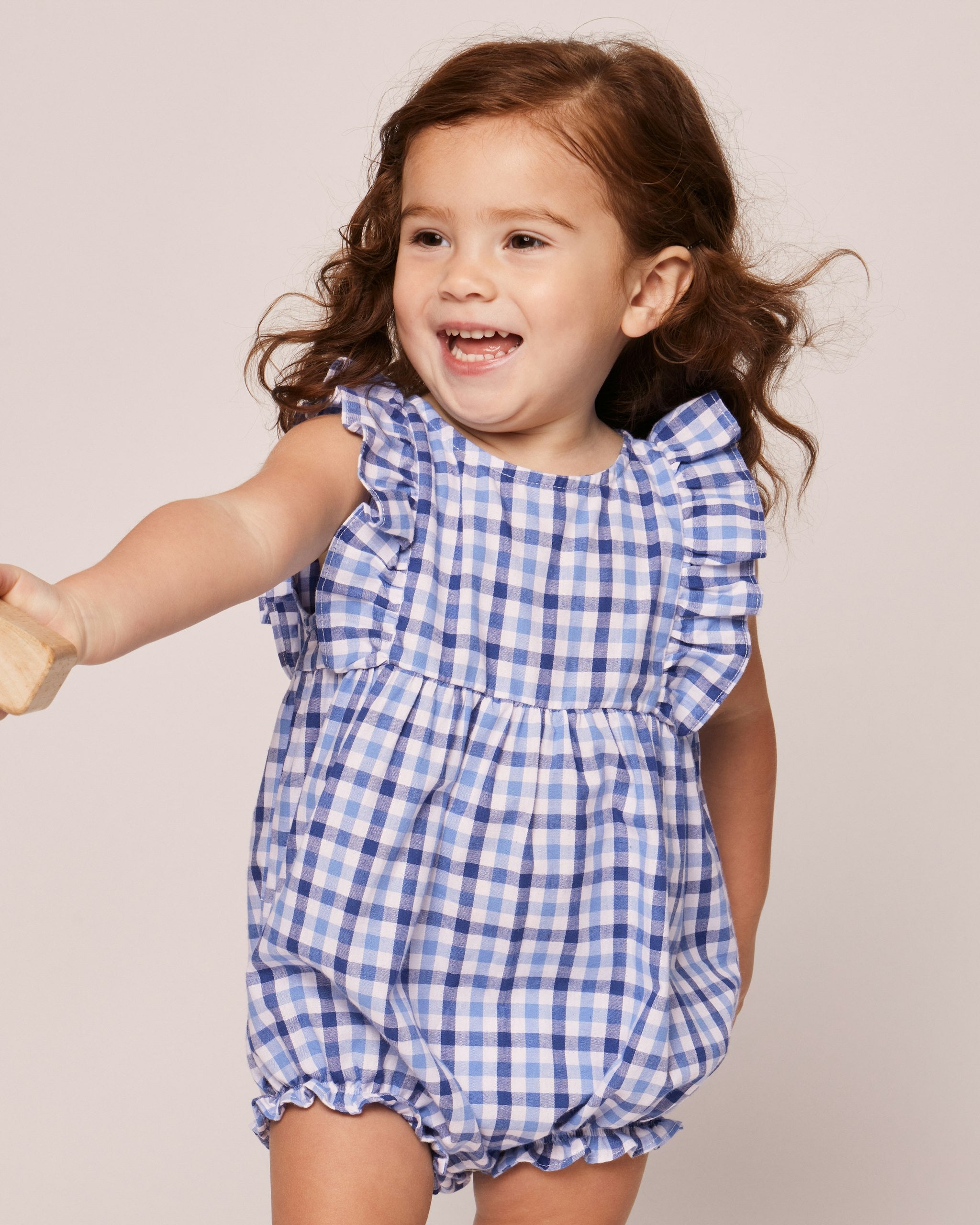 Baby's Twill Ruffled Romper in Royal Blue Gingham in Royal Blue Gingham#Color_Royal Blue Gingham