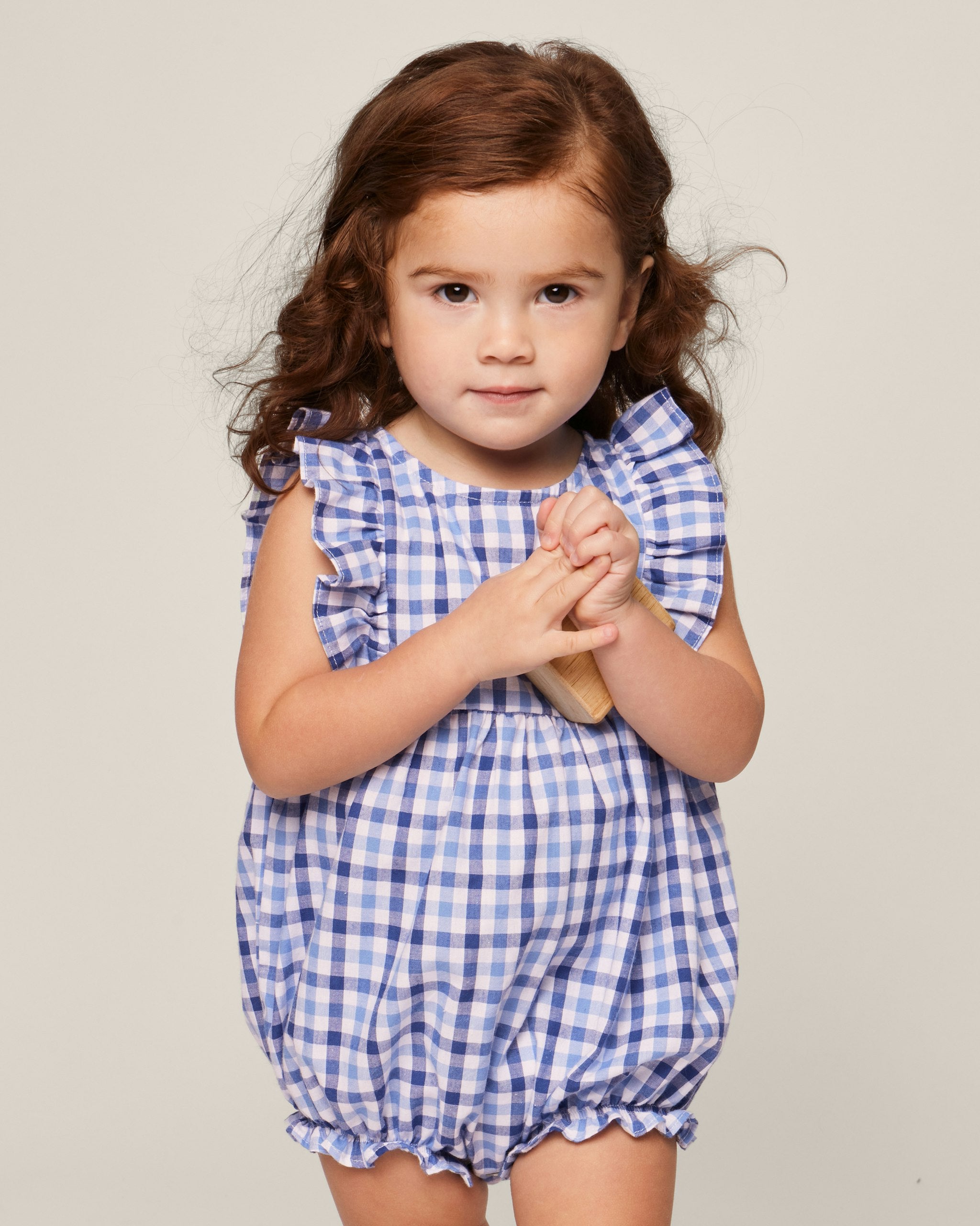 Baby's Twill Ruffled Romper in Royal Blue Gingham in Royal Blue Gingham#Color_Royal Blue Gingham