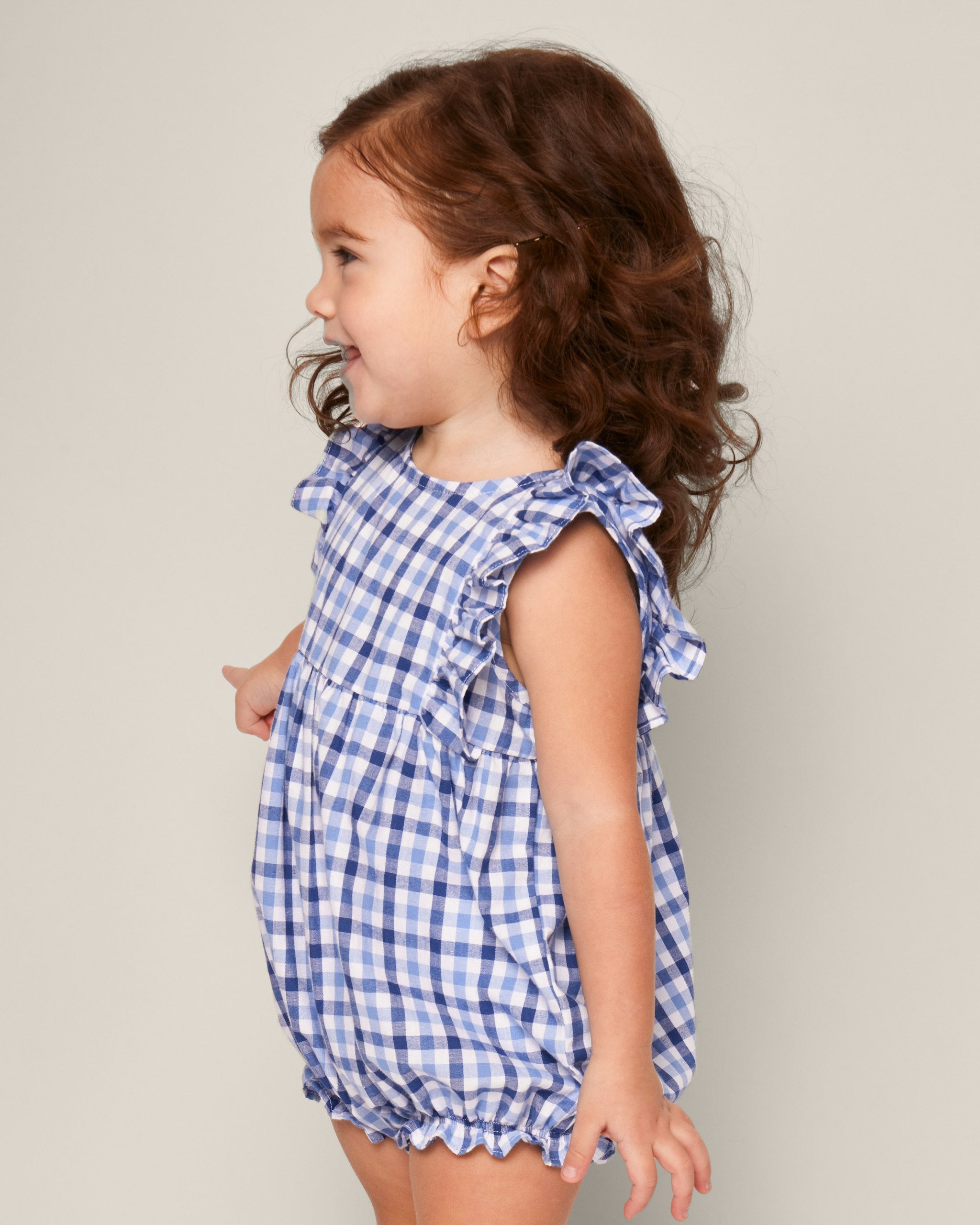 Baby's Twill Ruffled Romper in Royal Blue Gingham in Royal Blue Gingham#Color_Royal Blue Gingham
