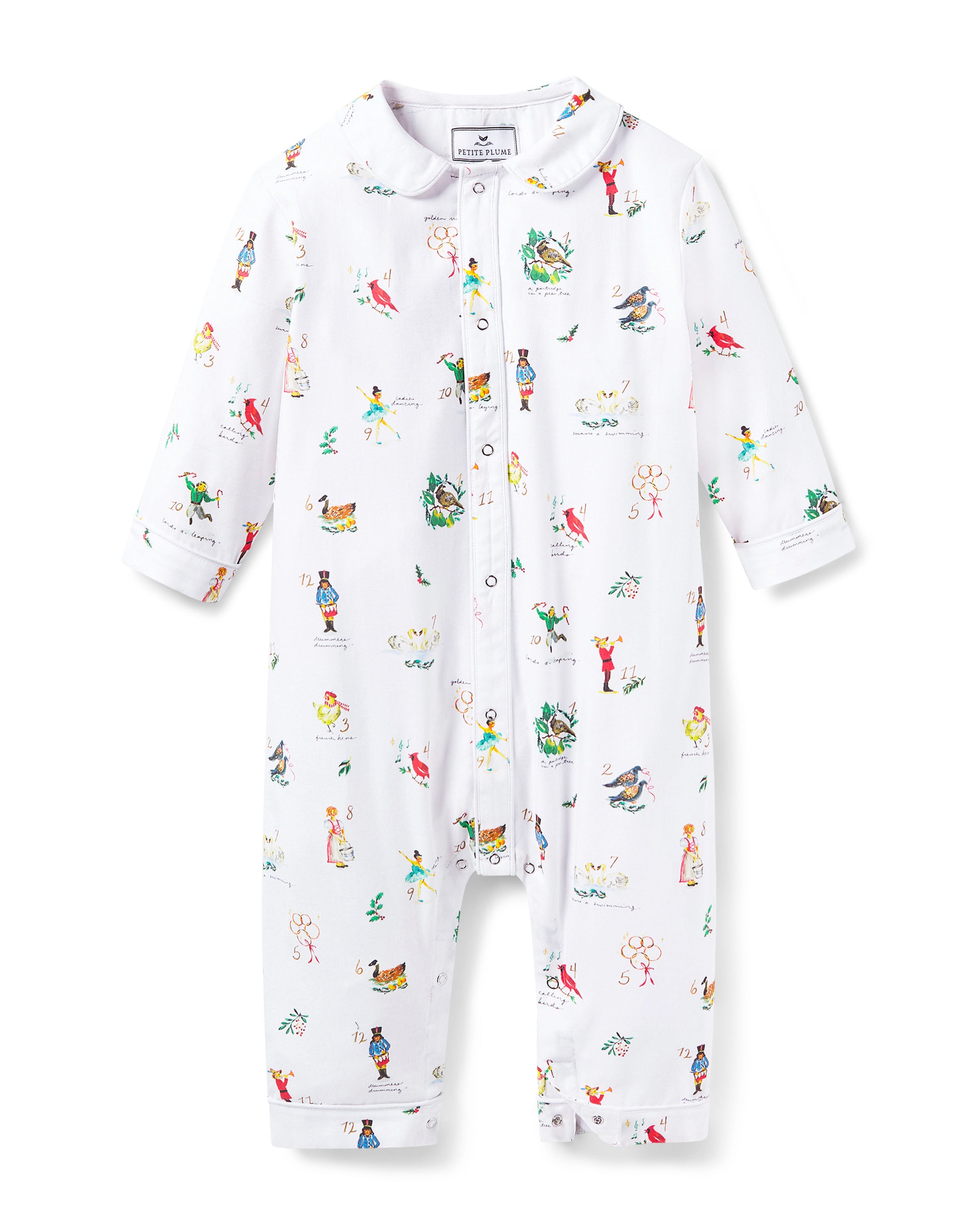 The Baby's Twill Cambridge Romper in 12 Days of Christmas features a white long-sleeve design with a collar, playful festive illustrations, and convenient snap buttons down the front and legs.