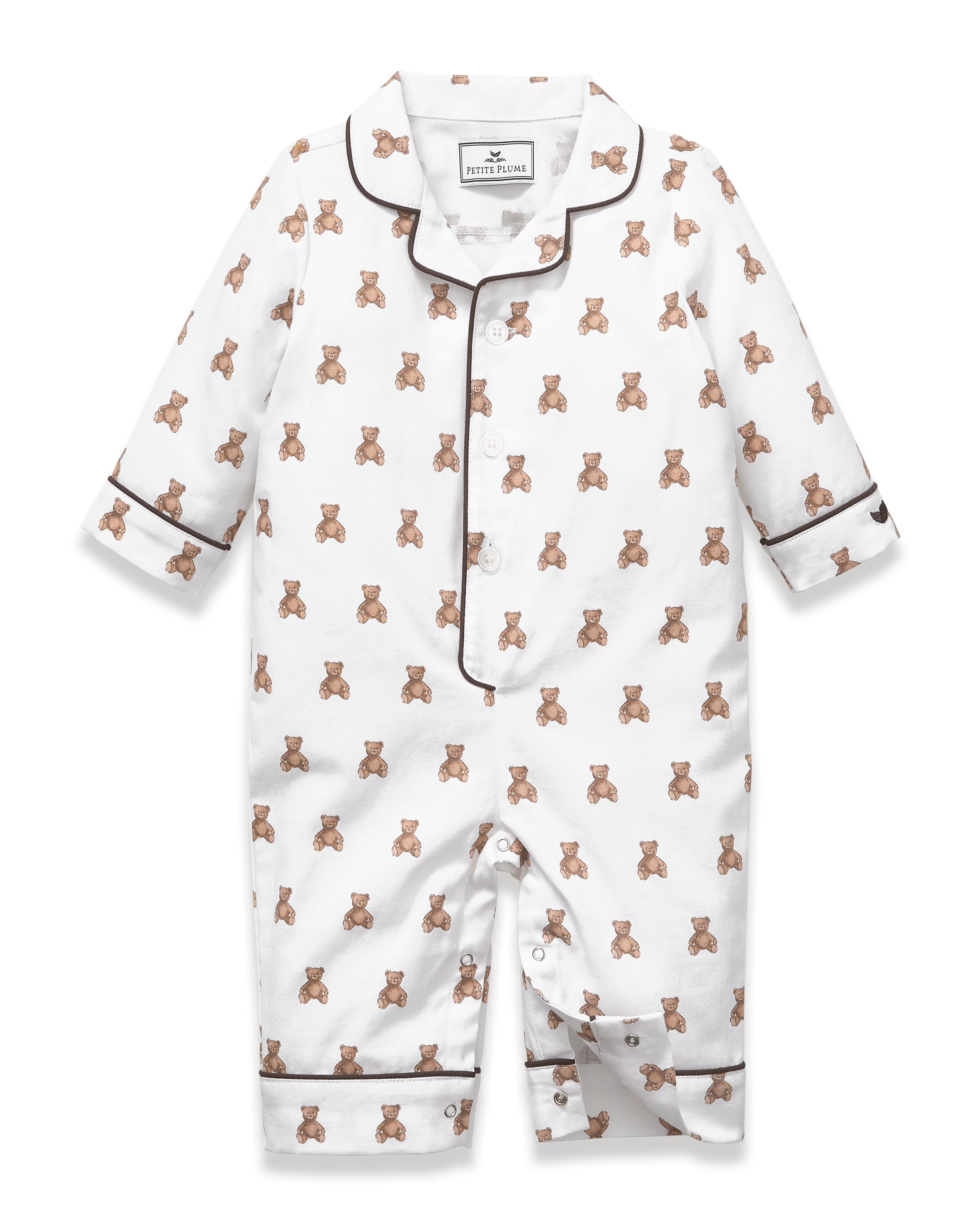 A white and brown Baby's Twill Classic Romper in Teddy Tales.