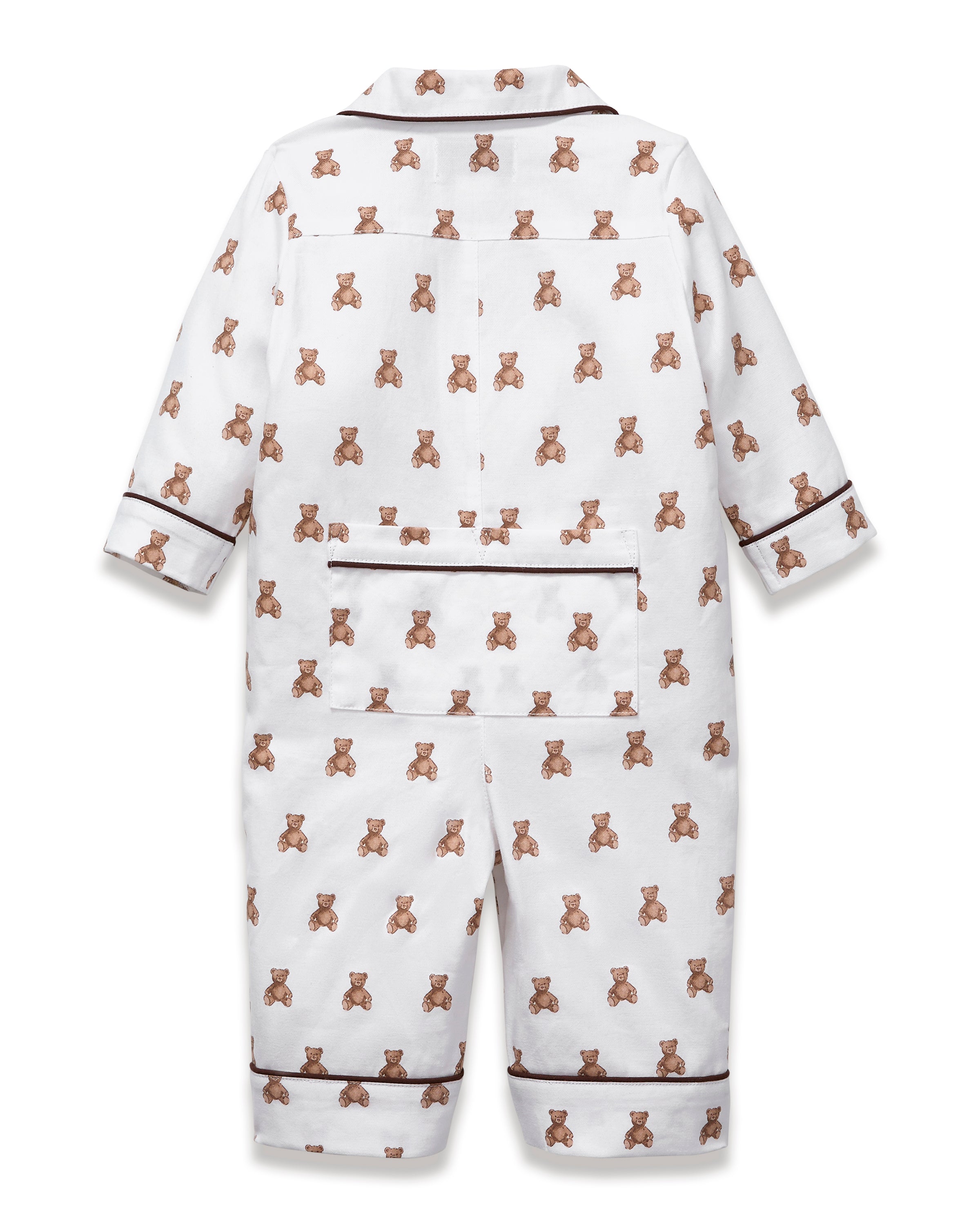 A white and brown Baby's Twill Classic Romper in Teddy Tales.