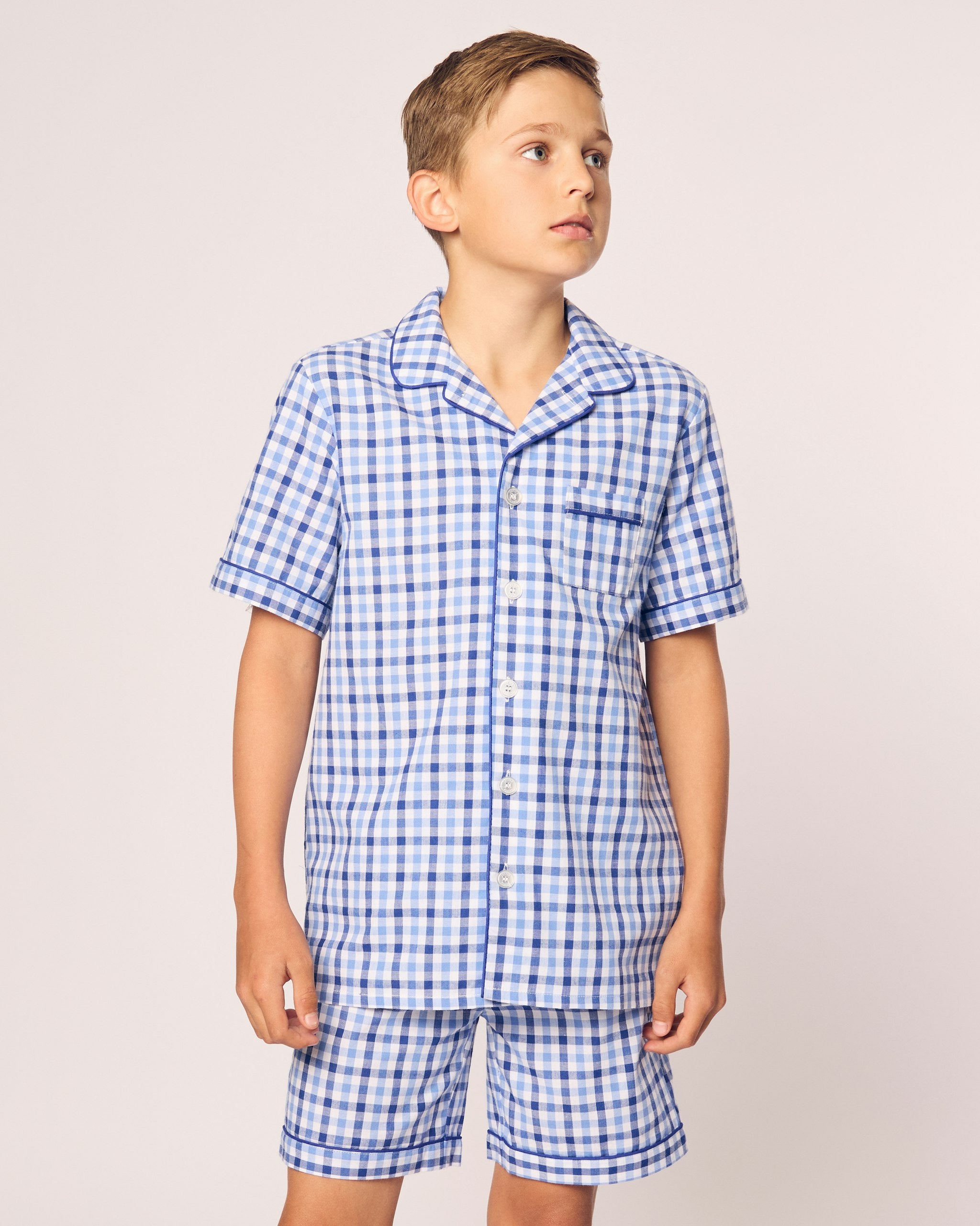 Kid's Twill Short Set in Light Blue Gingham in Royal Blue Gingham#Color_Royal Blue Gingham