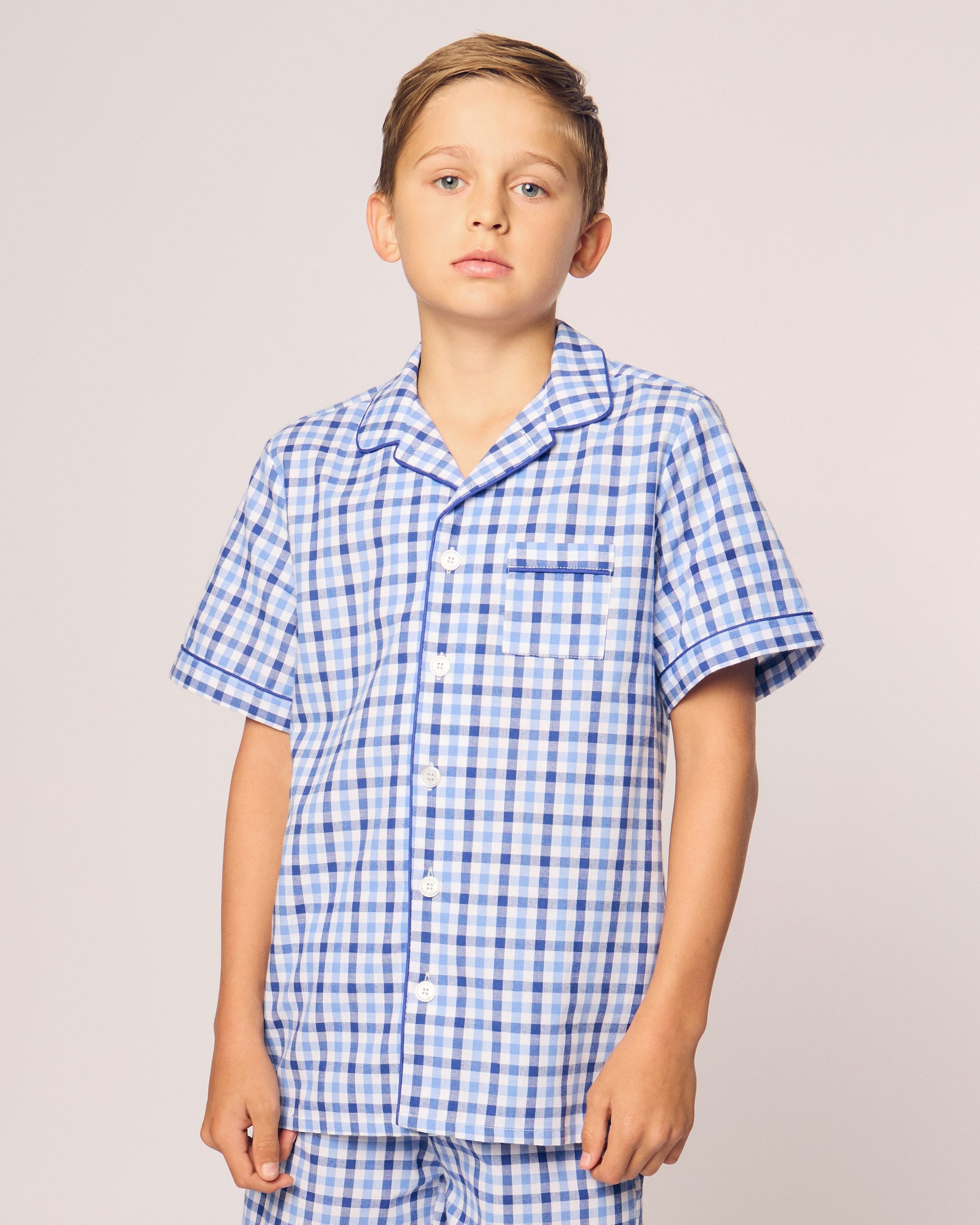 Kid's Twill Short Set in Light Blue Gingham in Royal Blue Gingham#Color_Royal Blue Gingham