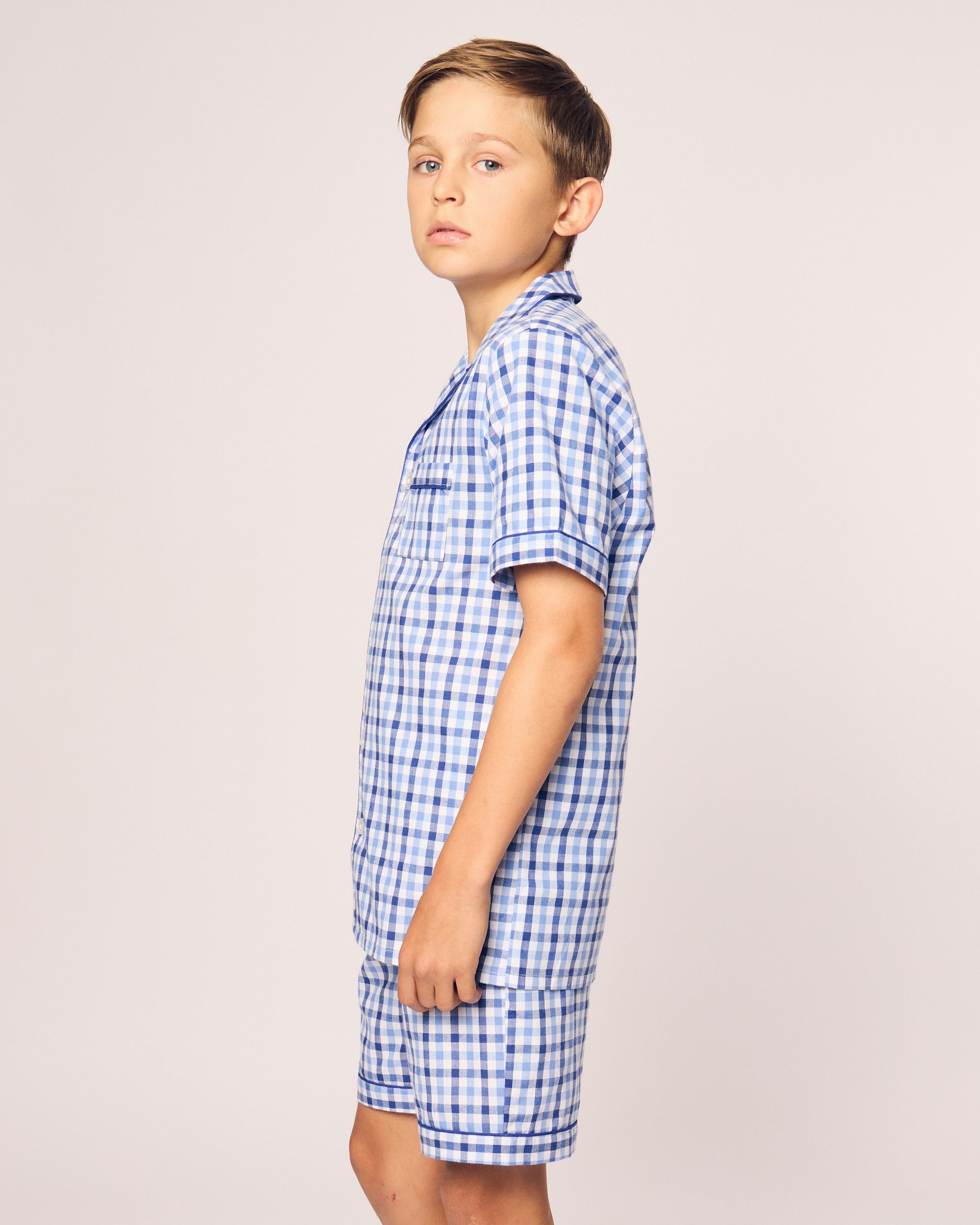 Kid's Twill Short Set in Light Blue Gingham in Royal Blue Gingham#Color_Royal Blue Gingham