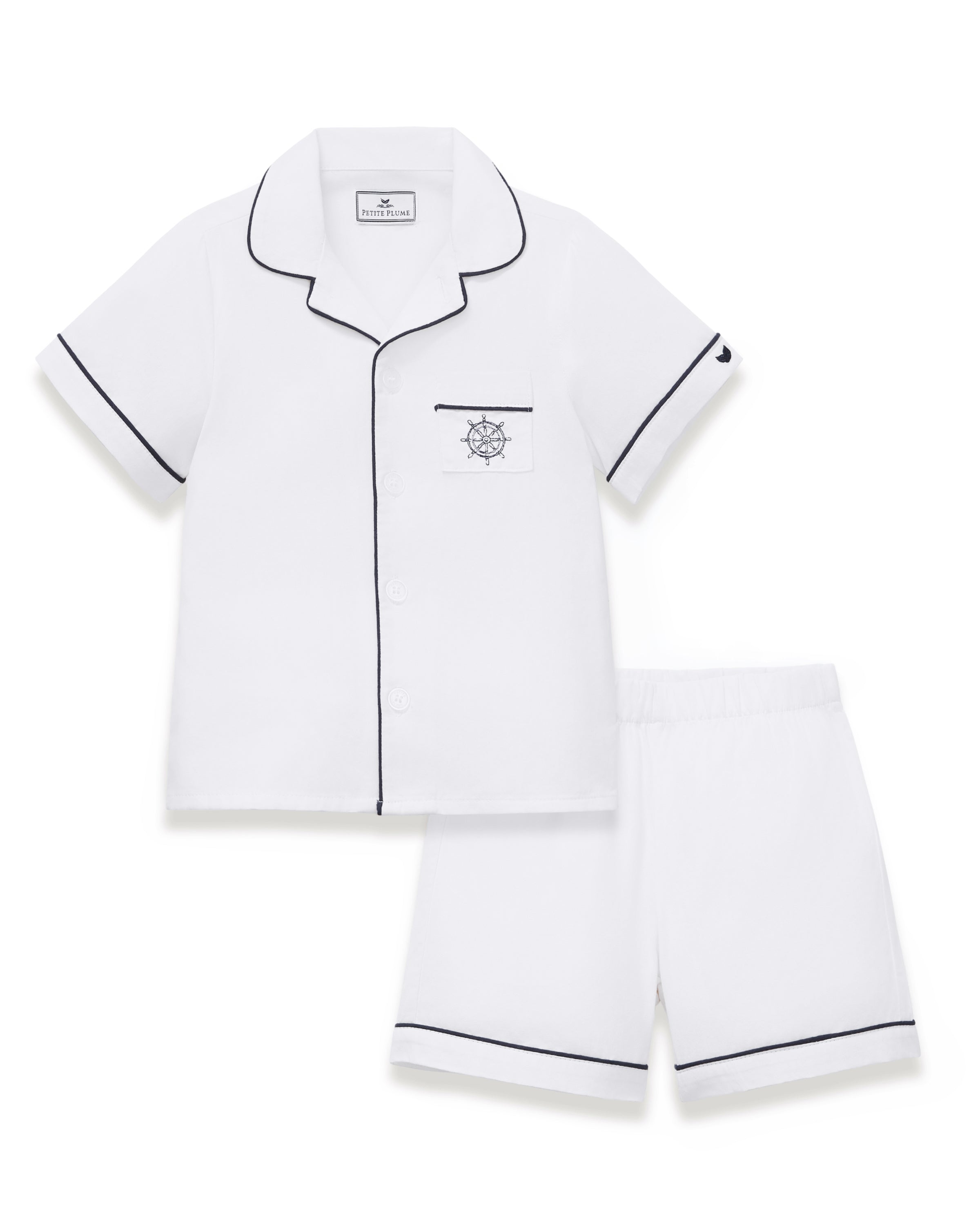Kid's Twill Pajama Short Set in White with Yacht Club Embroidery