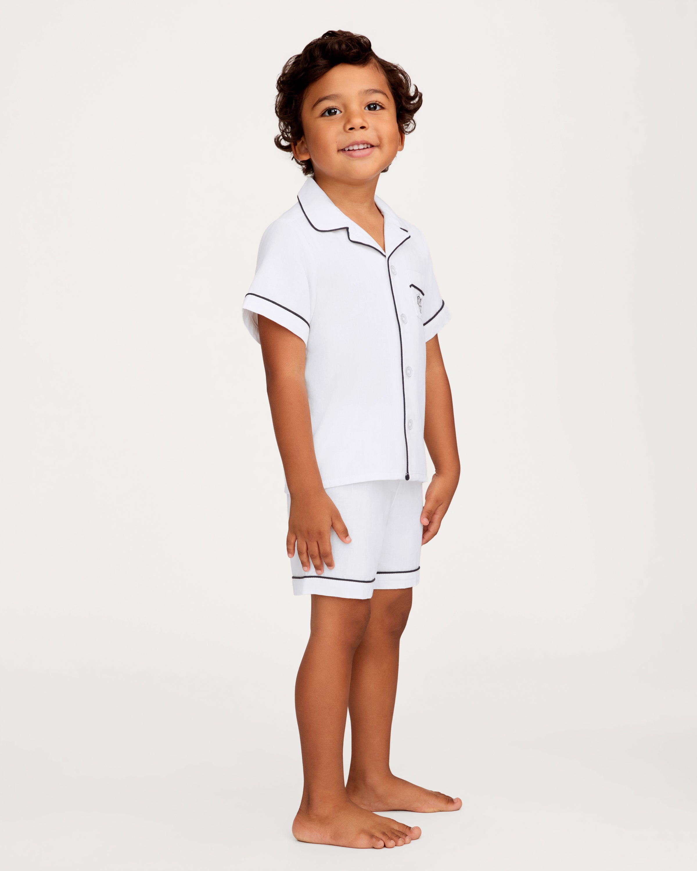 Kid's Twill Pajama Short Set in White with Yacht Club Embroidery