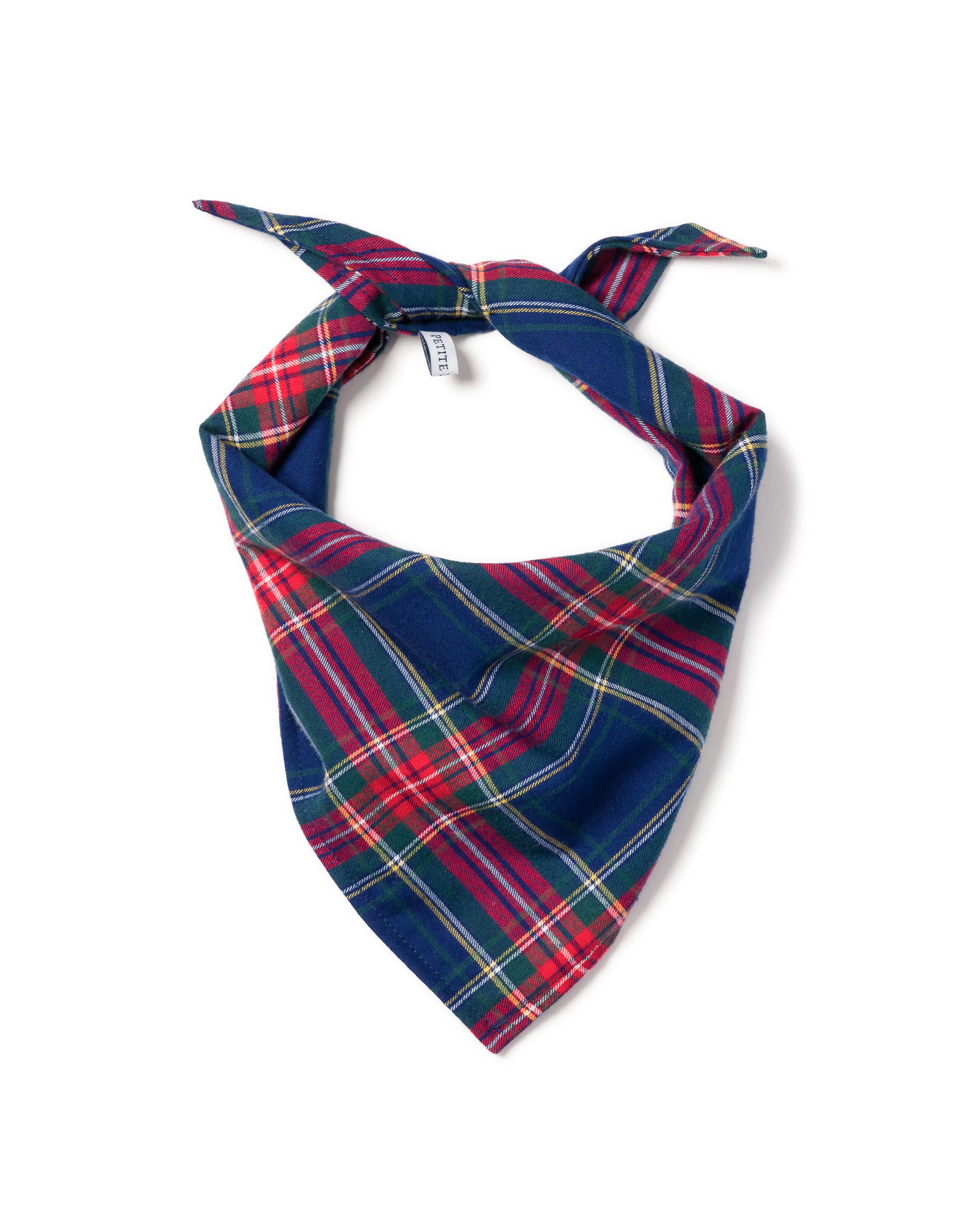 A festive scene features a corgi in a red plaid bandana beside a fluffy brown dog in Petite Plumes Brushed Cotton Dog Bandana in Windsor Tartan, both smiling against a white backdrop.