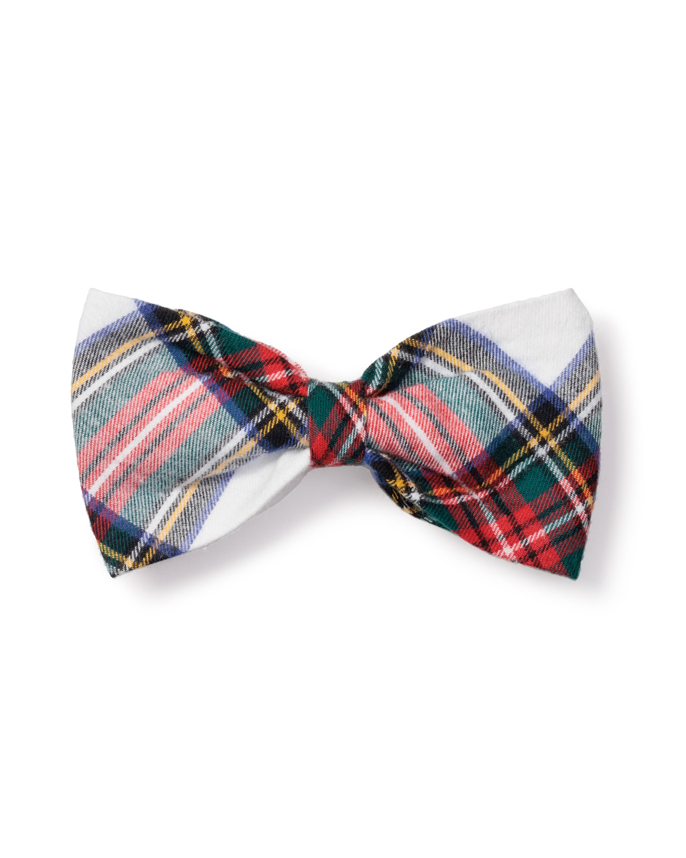 The Brushed Cotton Dog Bow Tie in Balmoral Tartan by Petite Plume is a festive accessory featuring red, green, blue, and yellow stripes on a white background. Ideal for holiday dog fashion, it brightens up any occasion with its cheerful design.