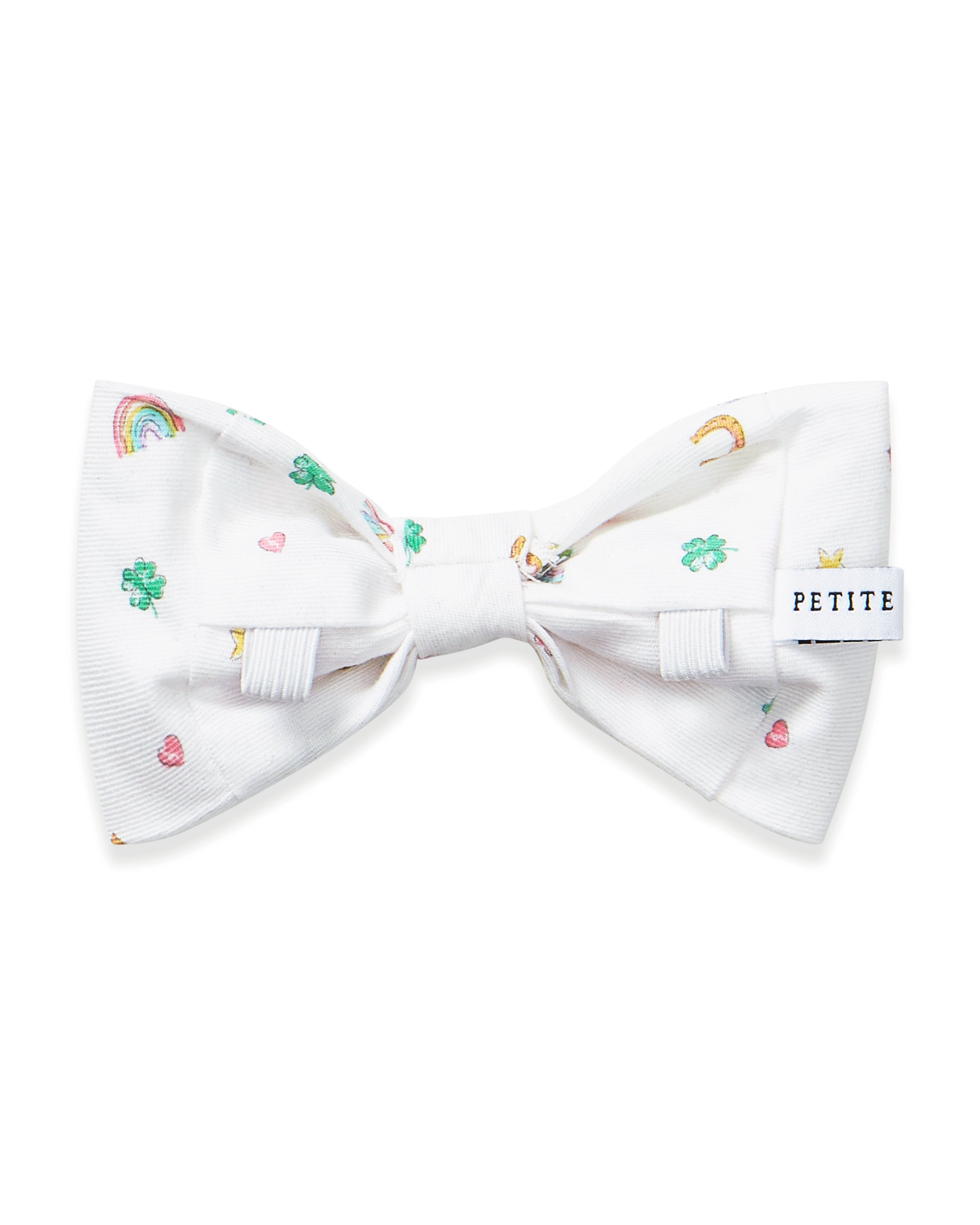 The Twill Dog Bow Tie in Good Luck Charms is a white bow tie adorned with small, colorful rainbows, horseshoes, hearts, and stars scattered across the fabric.