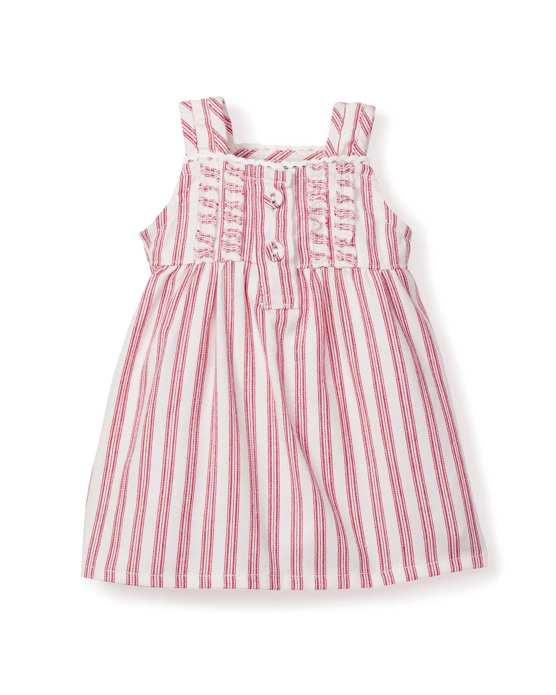 The Kid's Twill Doll Nightgown in Antique Red Ticking features wide shoulder straps, vertical red and white stripes, decorative front buttons, gathered chest fabric, and a flared skirt.