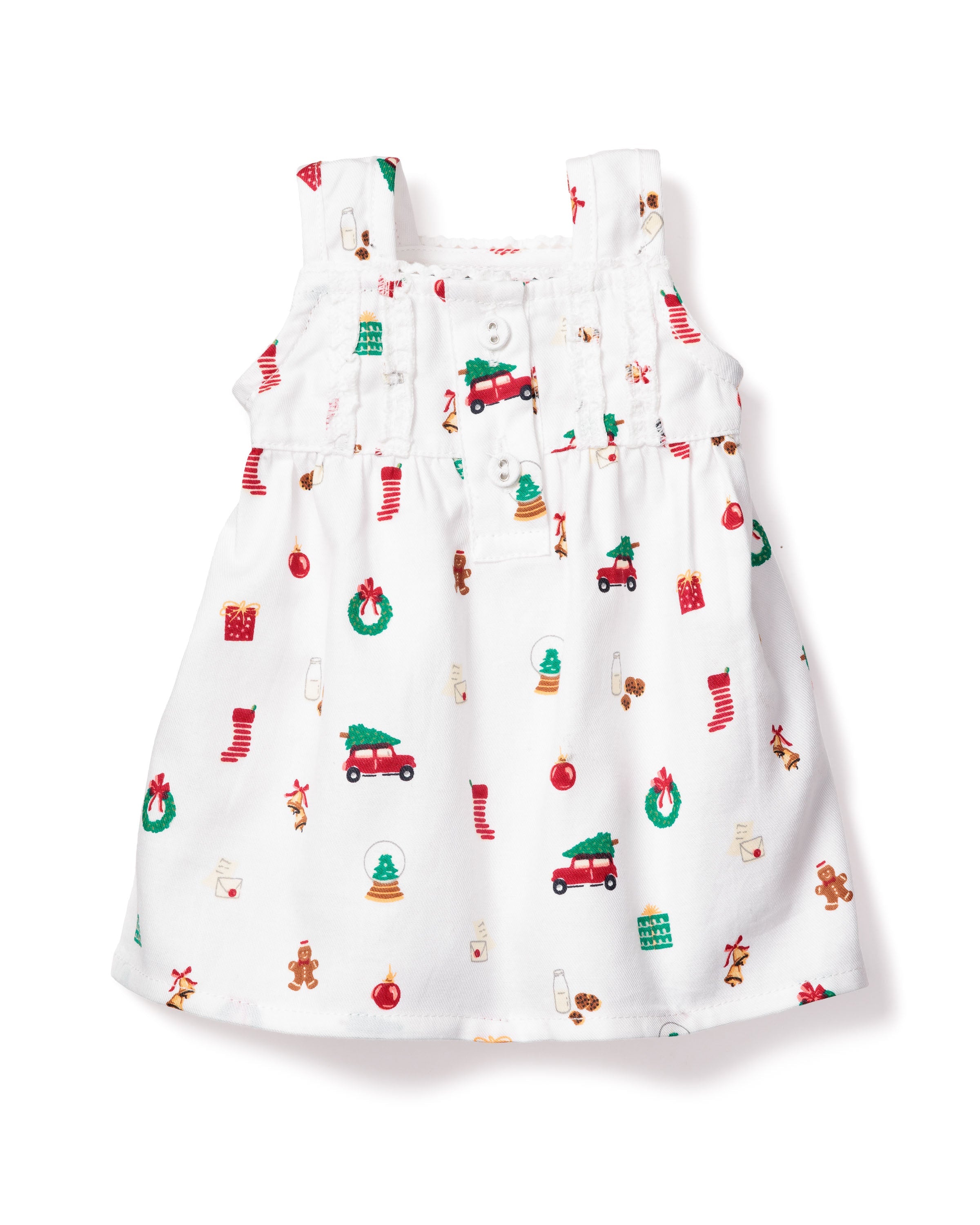Petite Plumes Kids Twill Doll Pajamas in Winter Nostalgia feature holiday prints—wreaths, gingerbread men, Christmas trees, stockings, and presents. This white sleeveless dress has front buttons and gathered detailing, ideal for matching doll outfits or holiday photoshoots with 18 dolls.