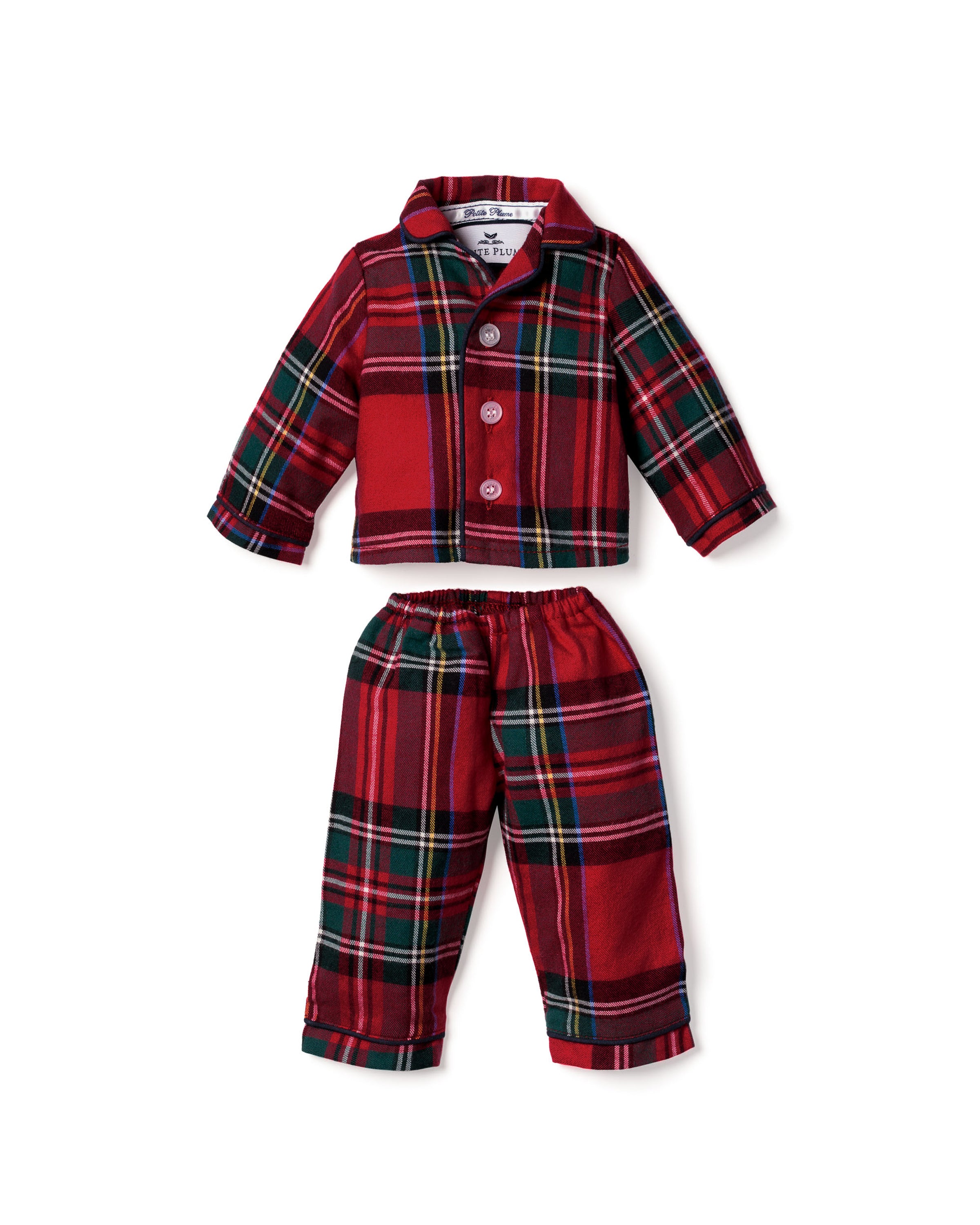 Doll Pajamas in Imperial Tartan: red, green, and white plaid flannel set with a long-sleeve collared button-up shirt and matching elastic-waist pants, shown on a white background.
