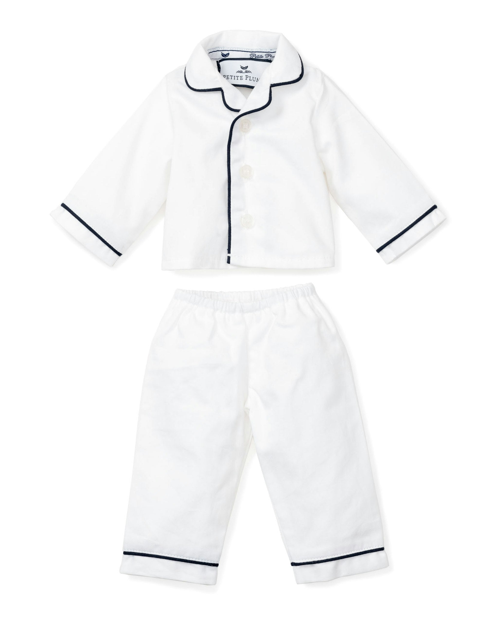 Kid's Twill Doll Pajamas in White with Navy Piping in White with Navy Piping#Color_White with Navy Piping