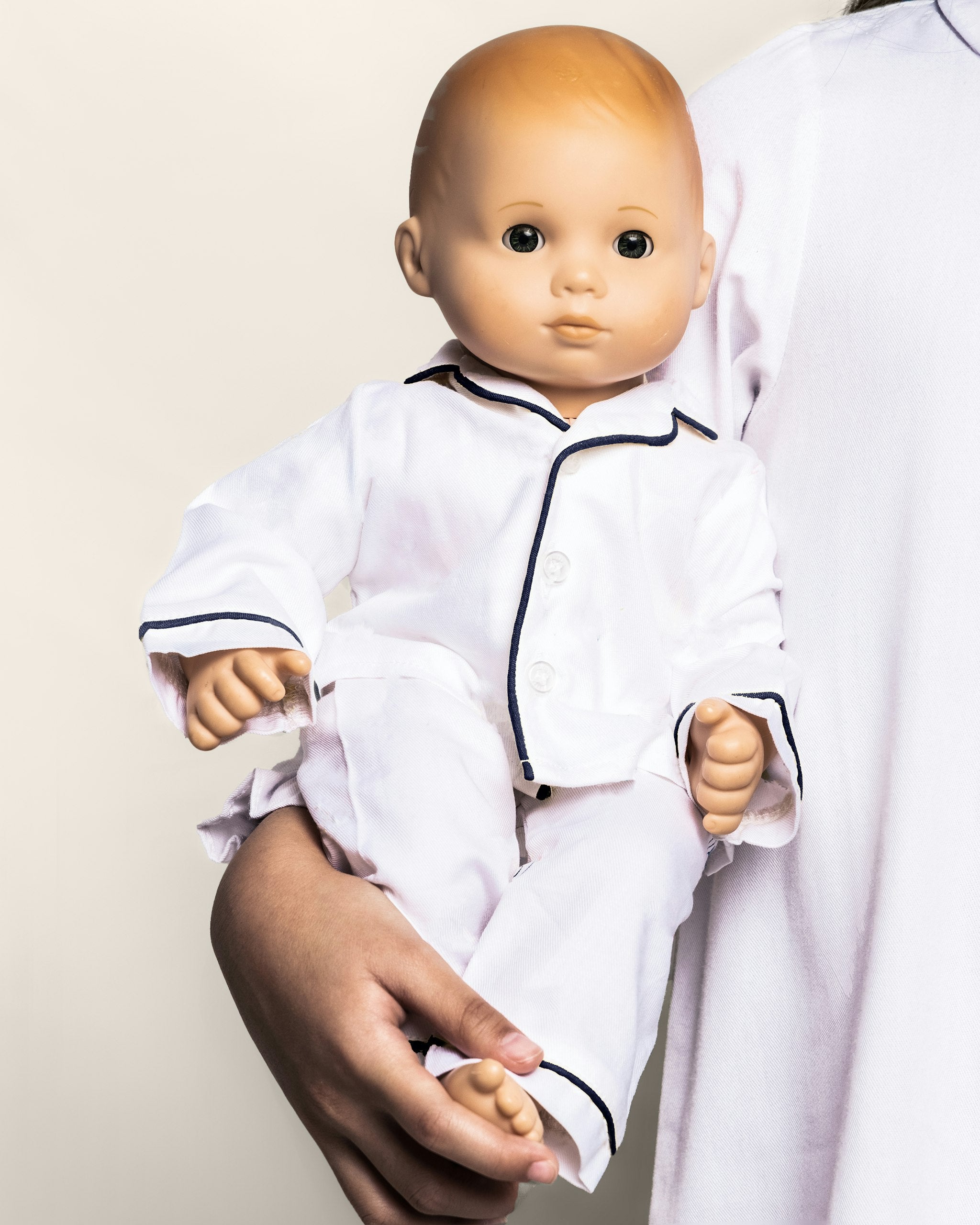 Kid's Twill Doll Pajamas in White with Navy Piping in White with Navy Piping#Color_White with Navy Piping