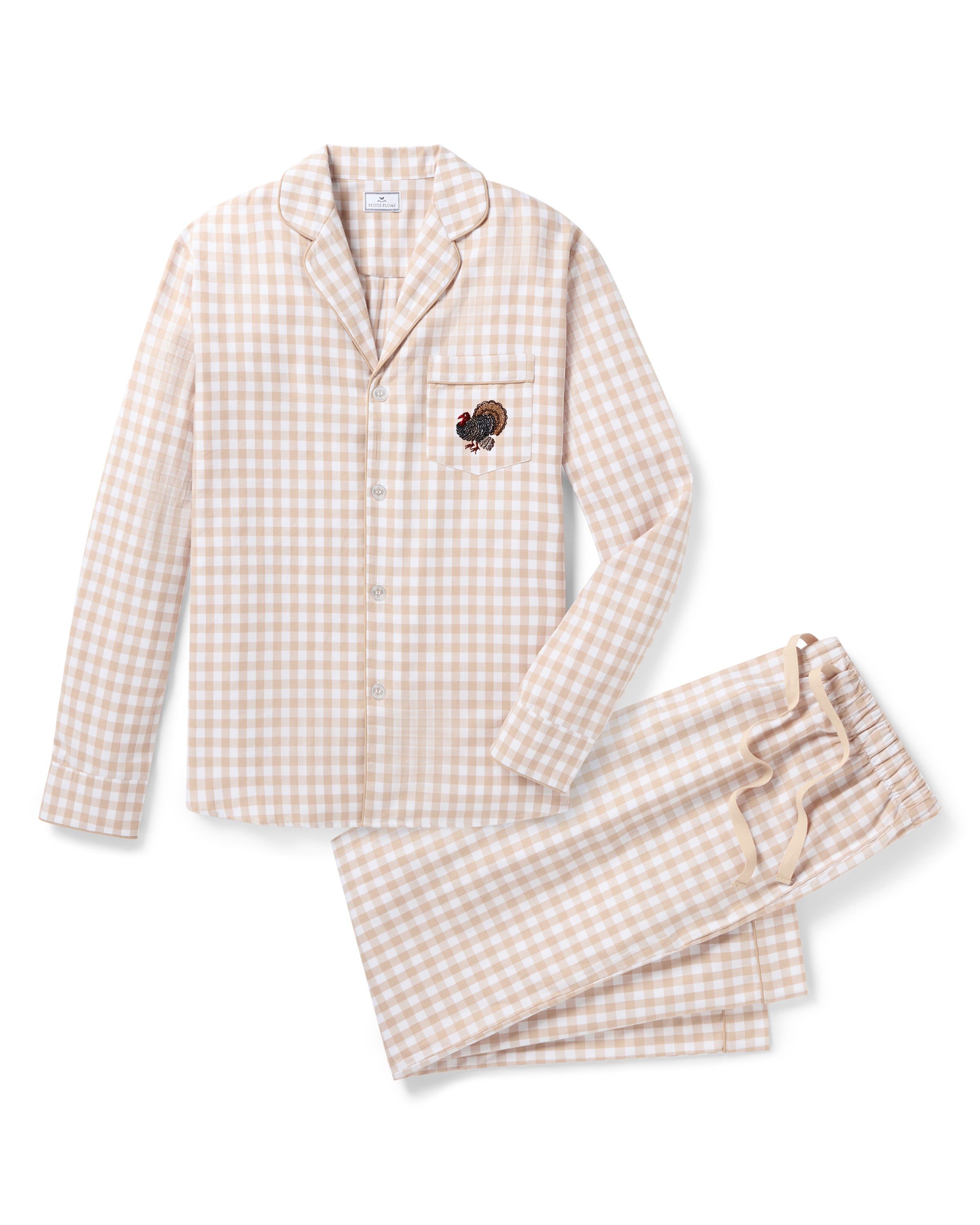 Men's Twill Pajama Set in Camel Gingham with Turkey Embroidery