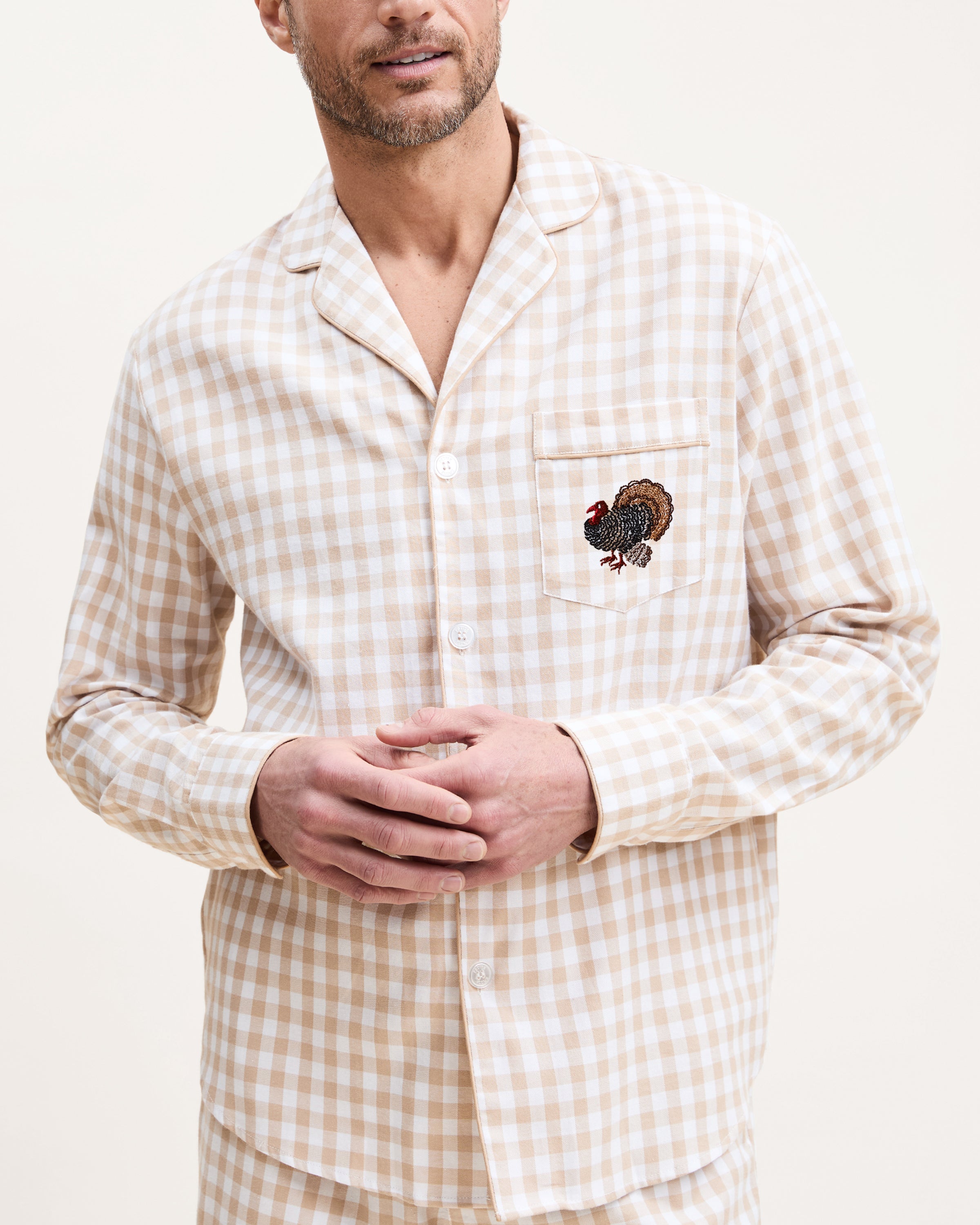 Men's Twill Pajama Set in Camel Gingham with Turkey Embroidery