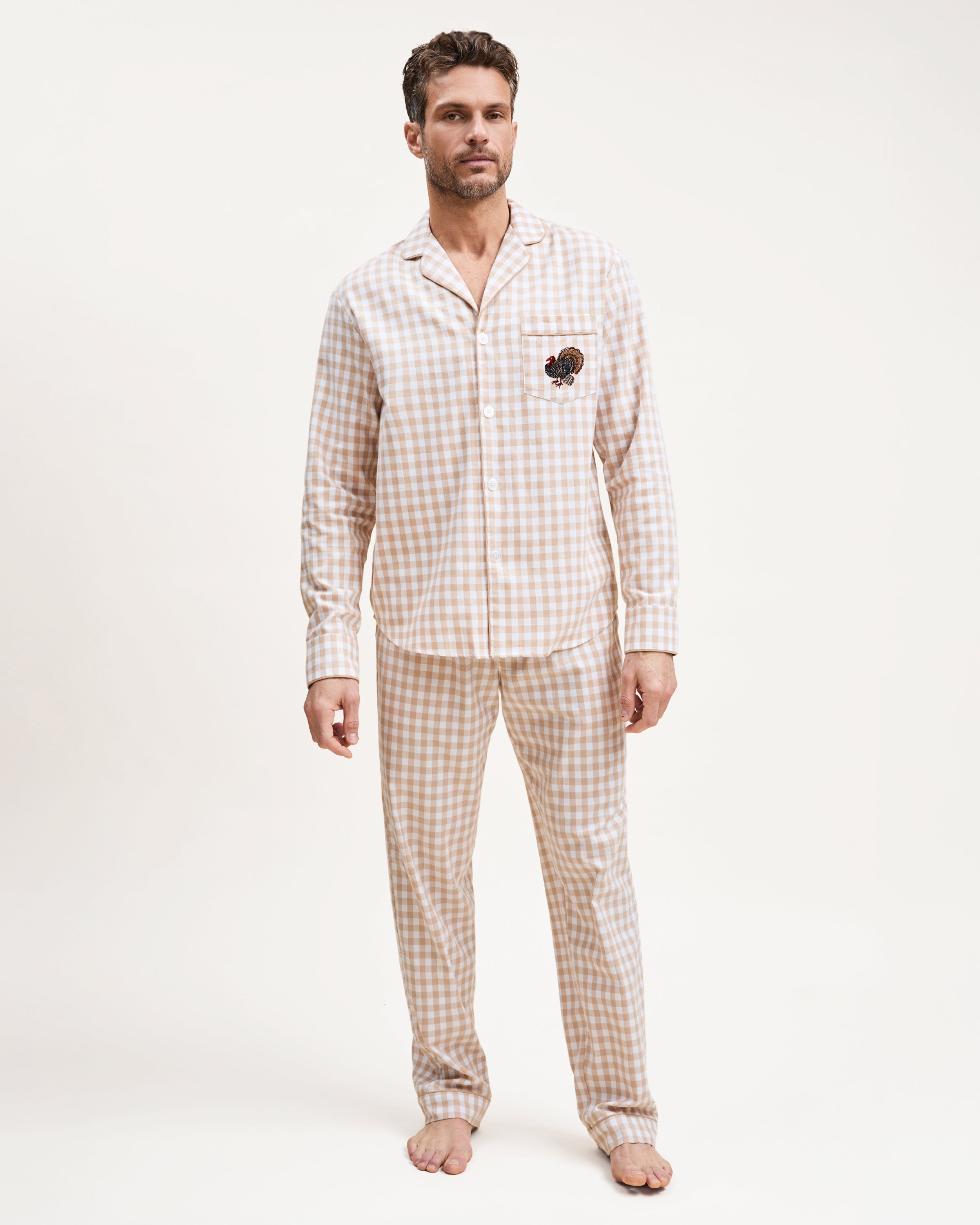 Men's Twill Pajama Set in Camel Gingham with Turkey Embroidery