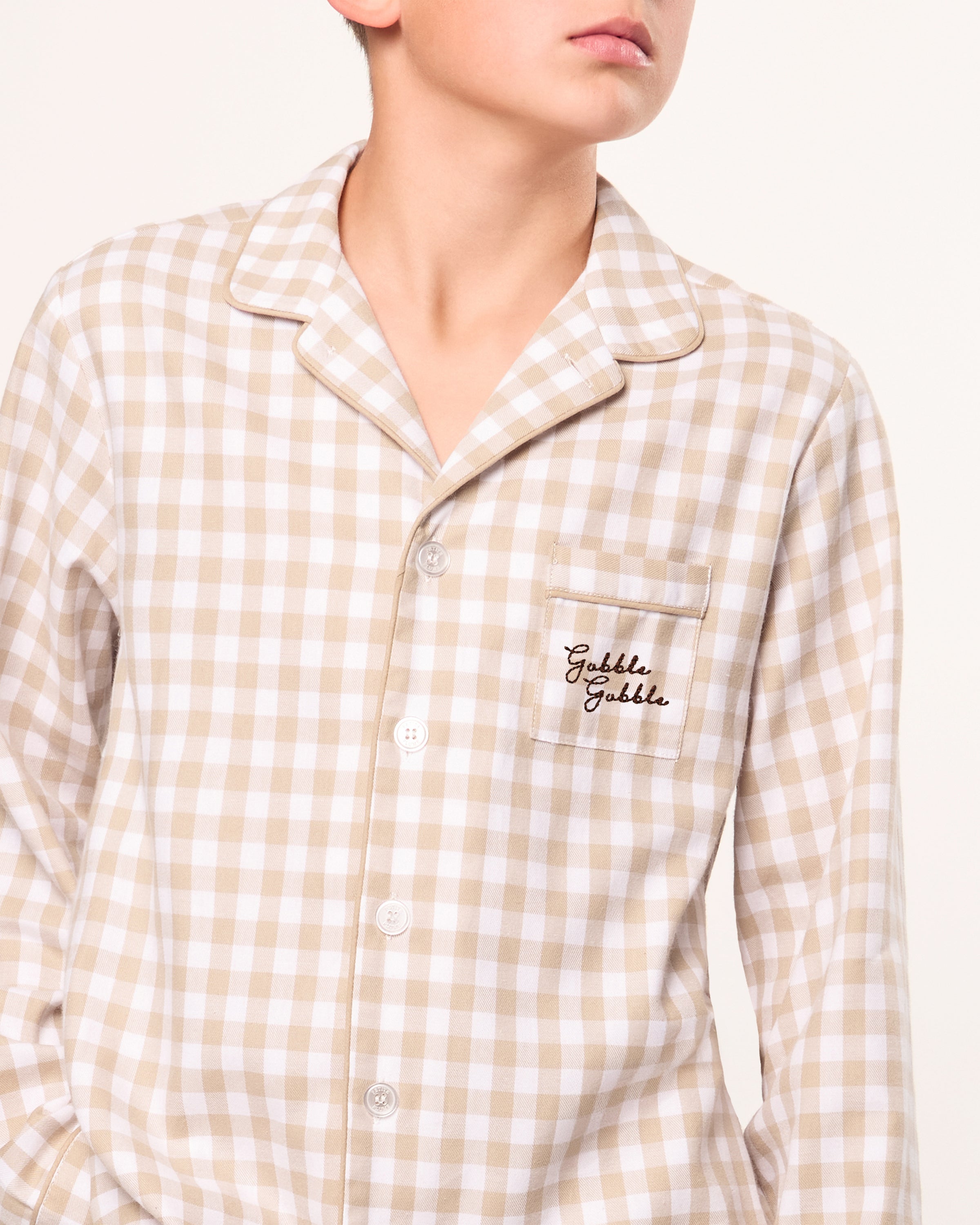 Kid's Twill Pajama Set in Camel Gingham with "Gobble Gobble" Embroidery
