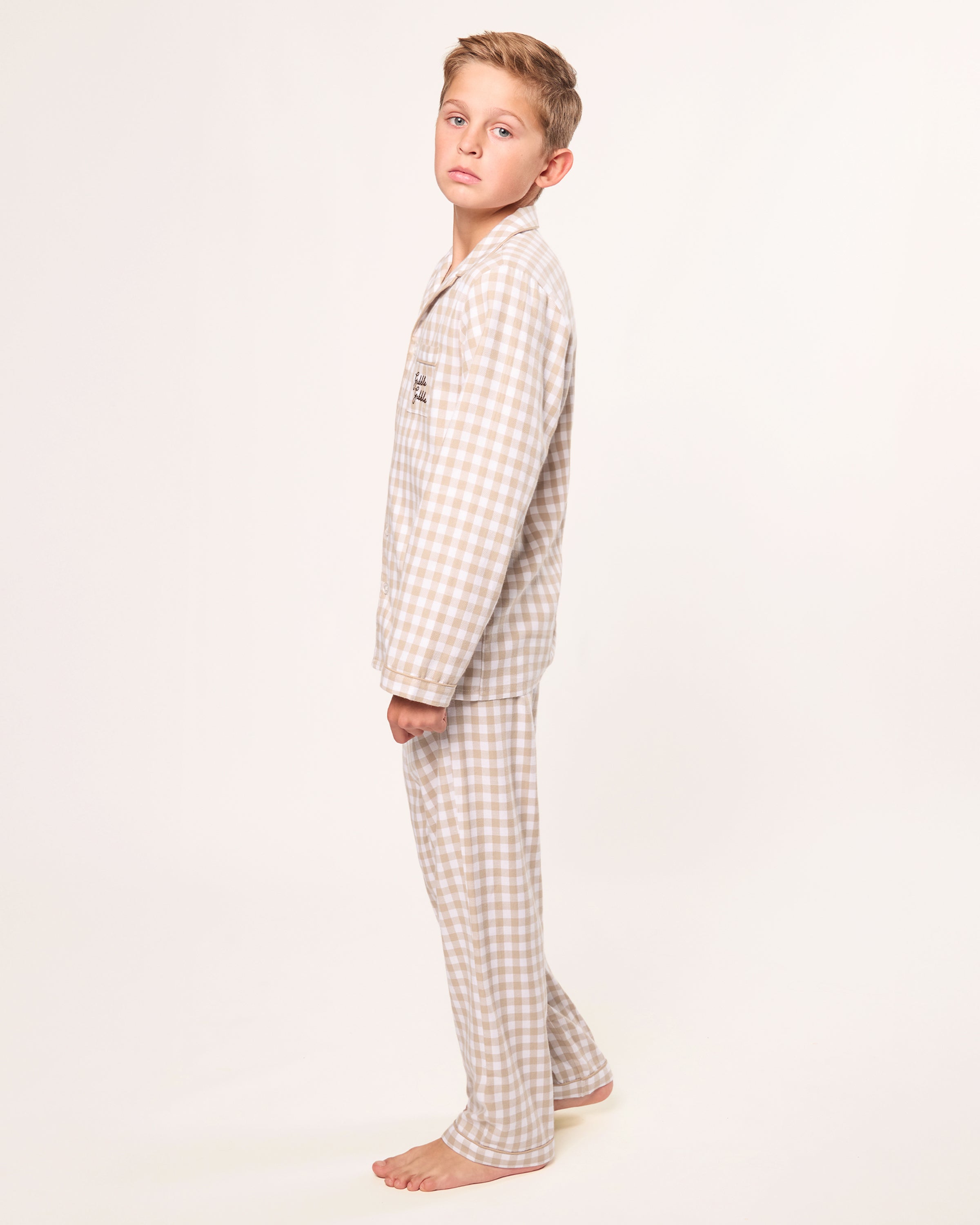 Kid's Twill Pajama Set in Camel Gingham with "Gobble Gobble" Embroidery