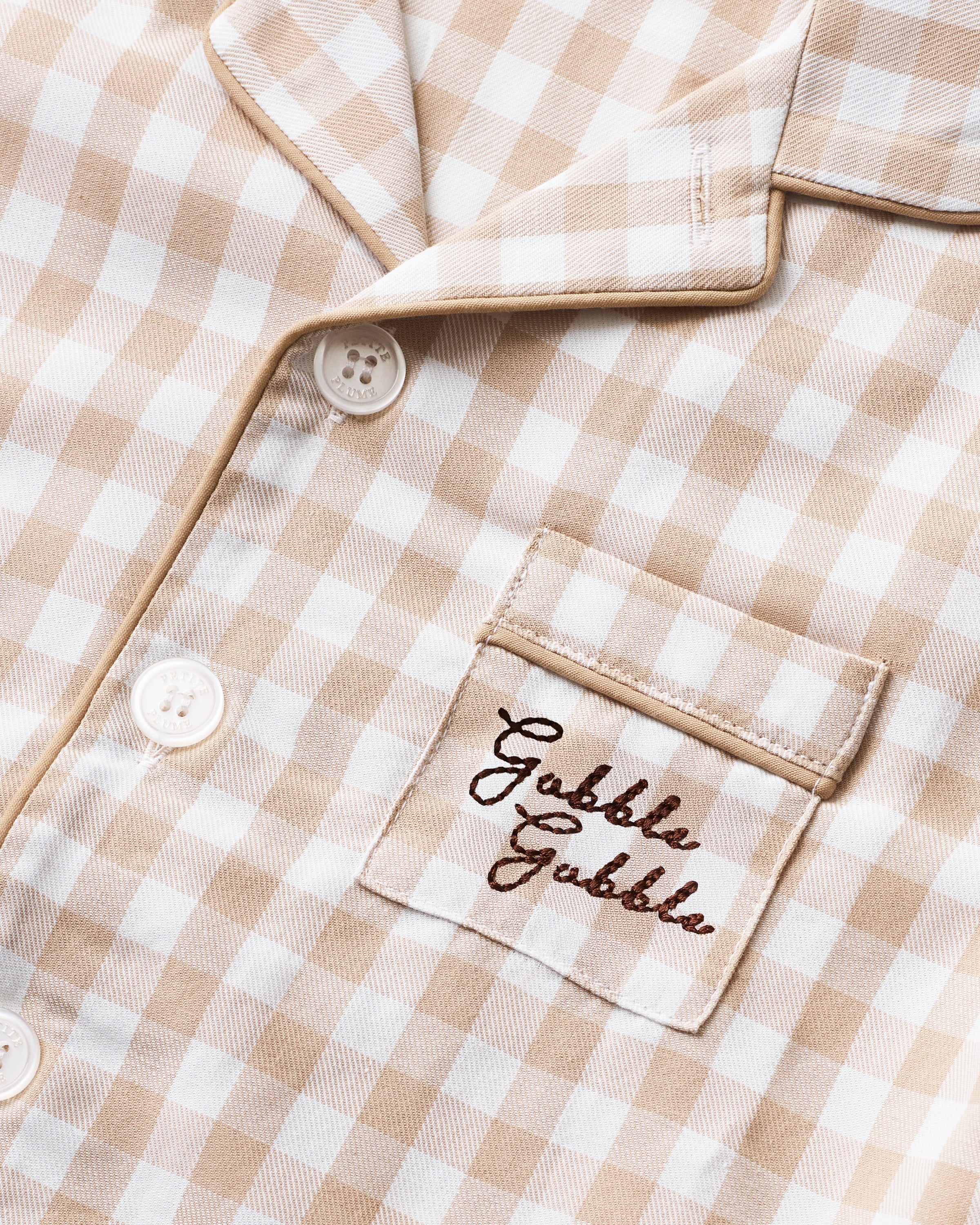 Kid's Twill Pajama Set in Camel Gingham with "Gobble Gobble" Embroidery