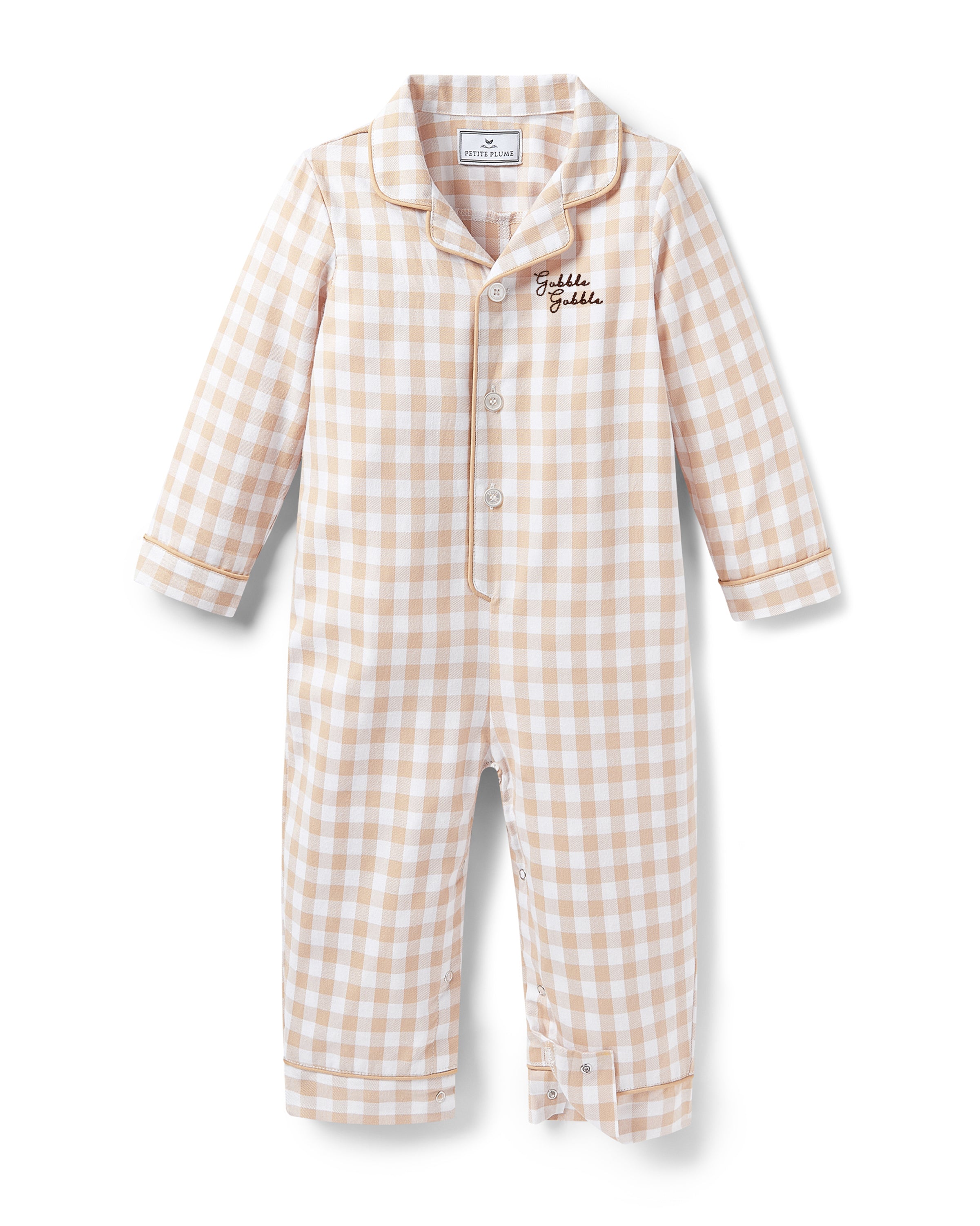 Baby's Twill Classic Romper in Camel Gingham with "Gobble Gobble" Embroidery