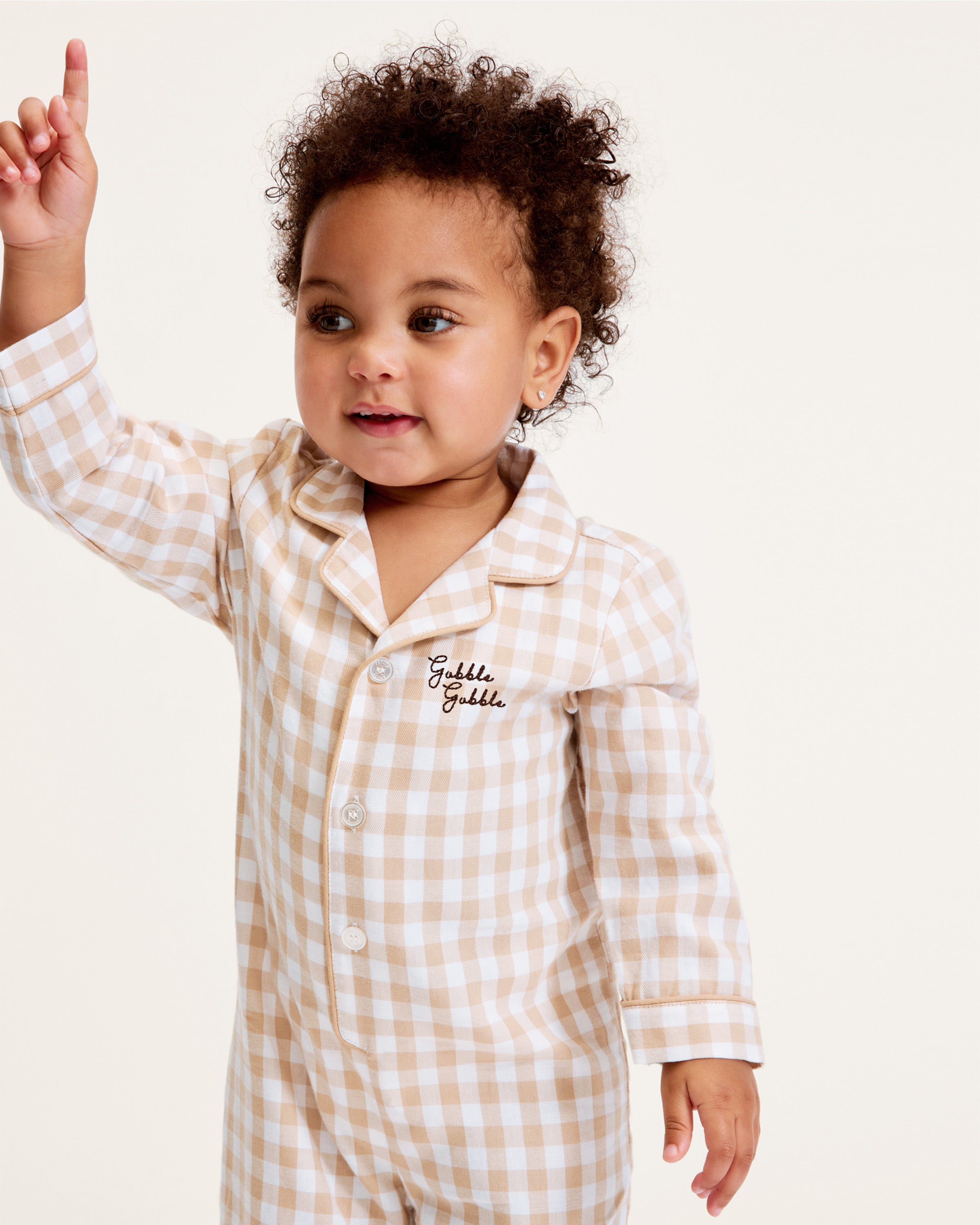 Baby's Twill Classic Romper in Camel Gingham with "Gobble Gobble" Embroidery