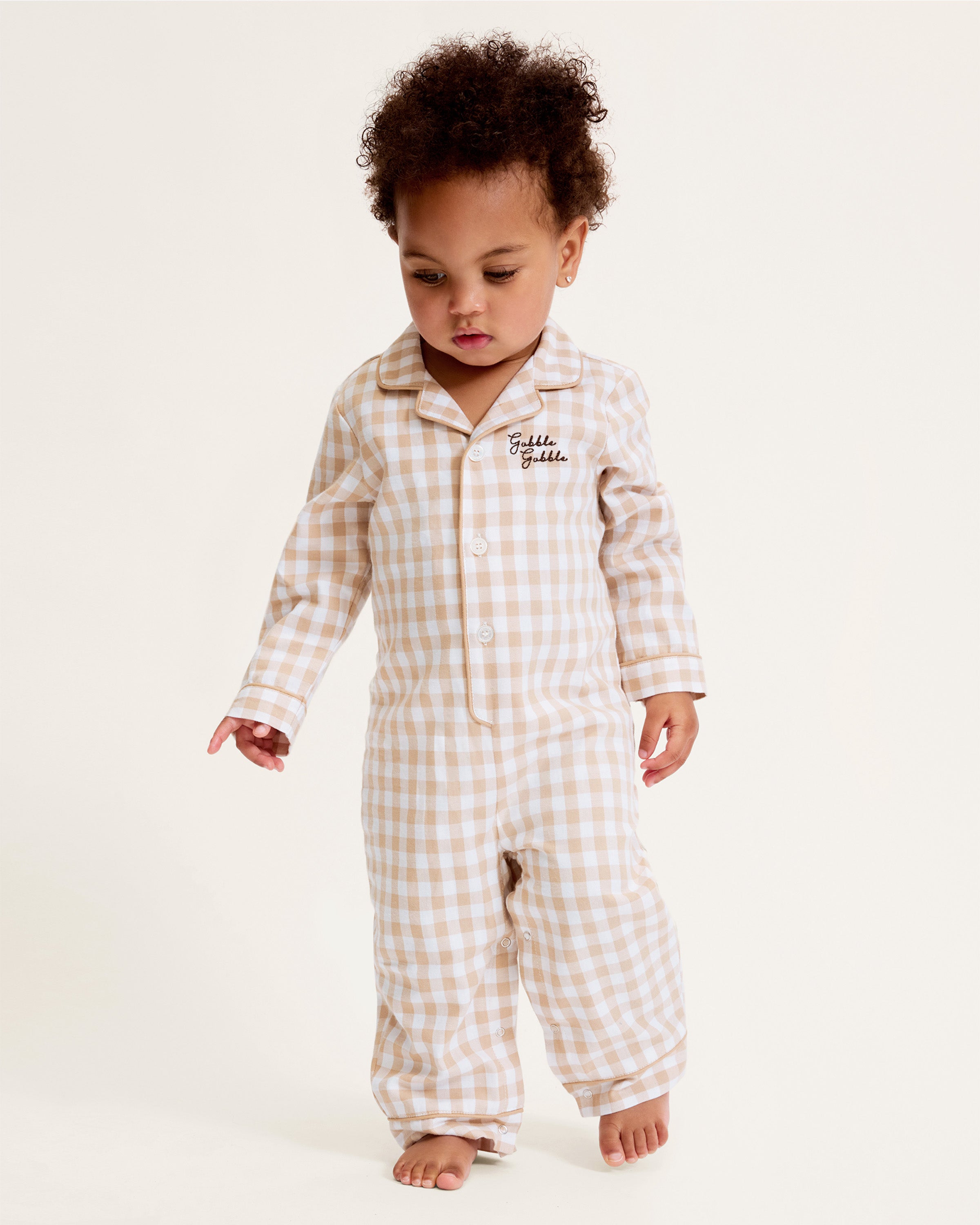 Baby's Twill Classic Romper in Camel Gingham with "Gobble Gobble" Embroidery