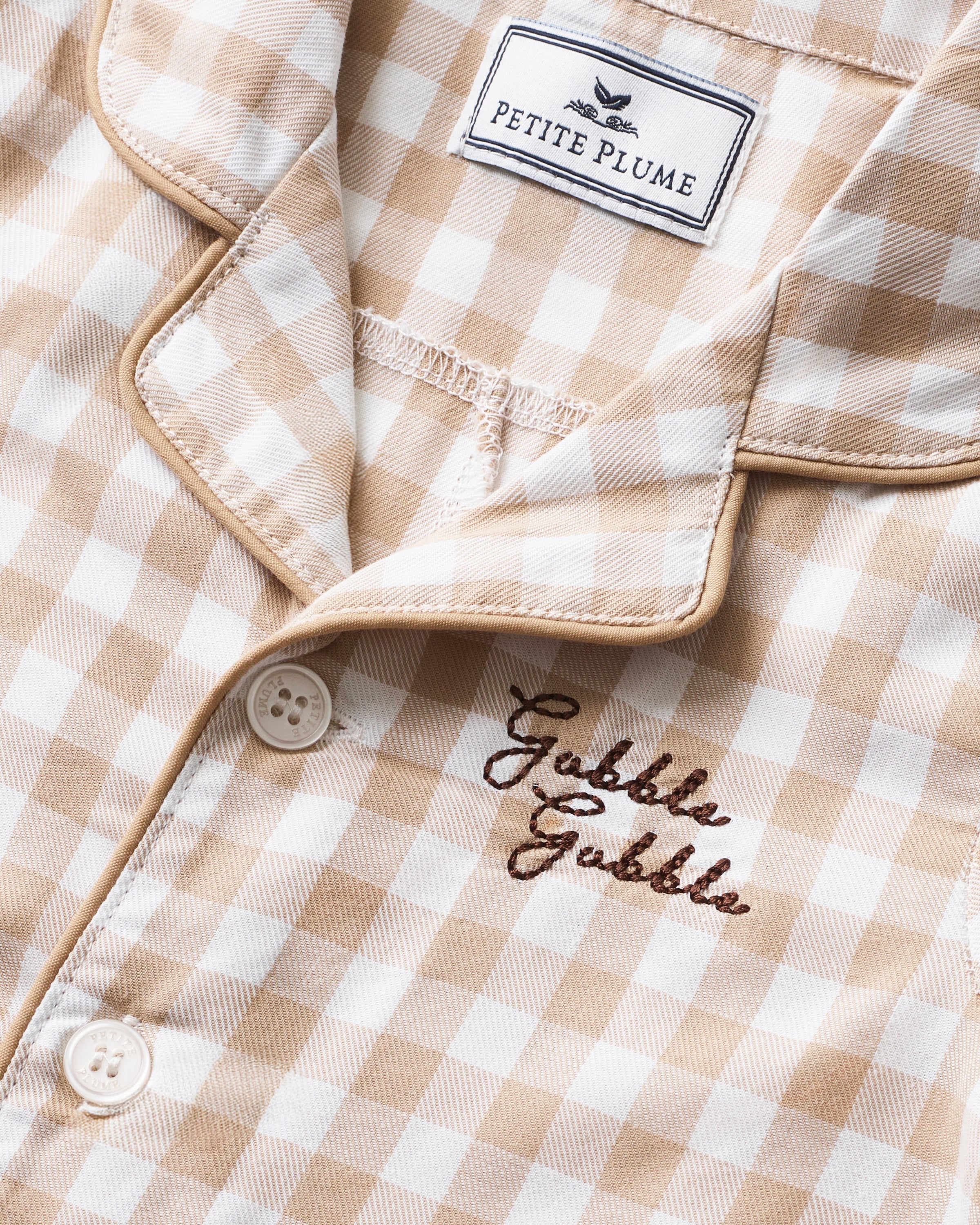 Baby's Twill Classic Romper in Camel Gingham with "Gobble Gobble" Embroidery