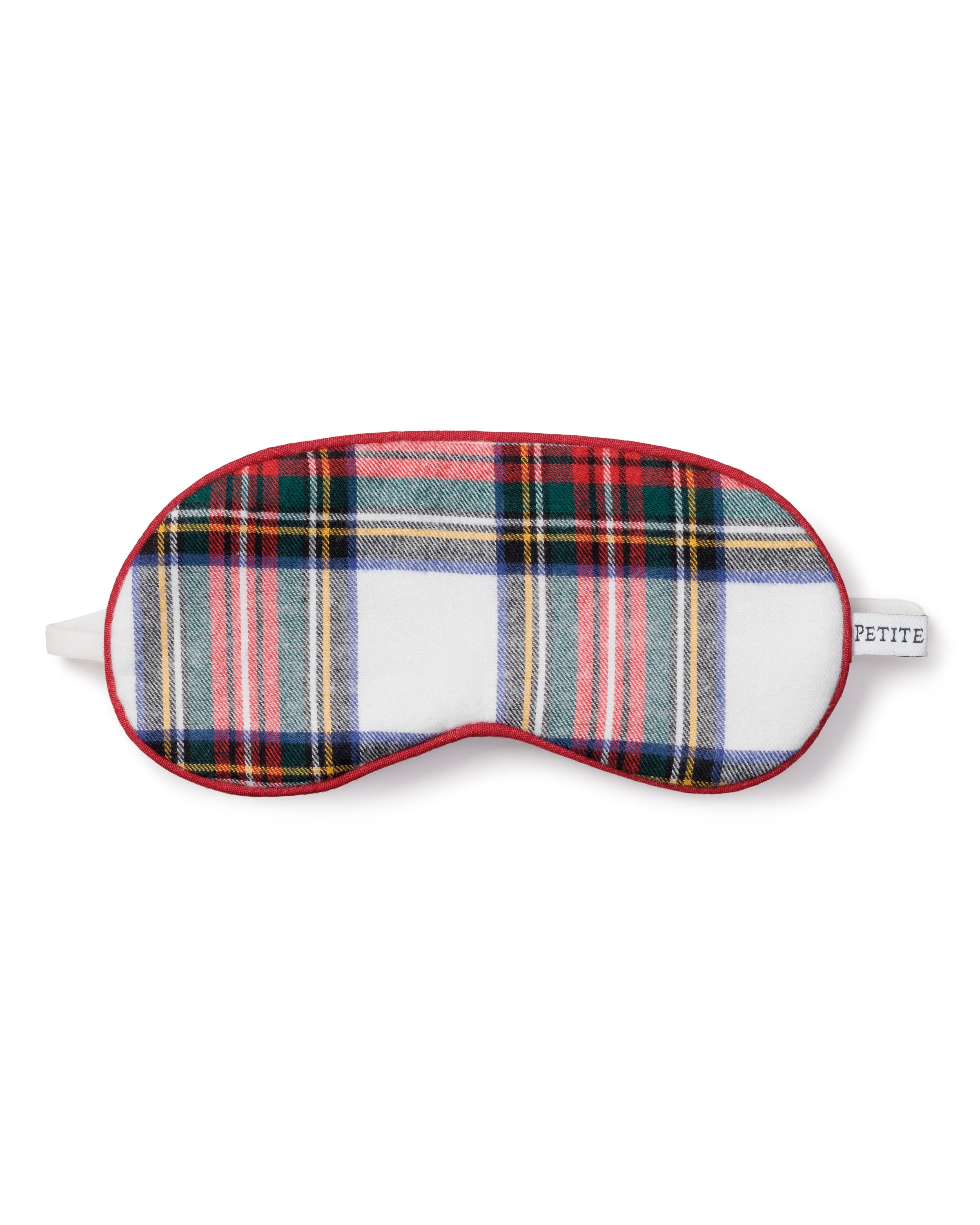 The Kids Brushed Cotton Sleep Mask in Balmoral Tartan by Petite Plume is a plaid mask in red, green, blue, and white with red trim. It has an elastic strap and a PETITE tag on one side—ideal for pairing with matching masks to enhance your luxurious sleepwear collection.