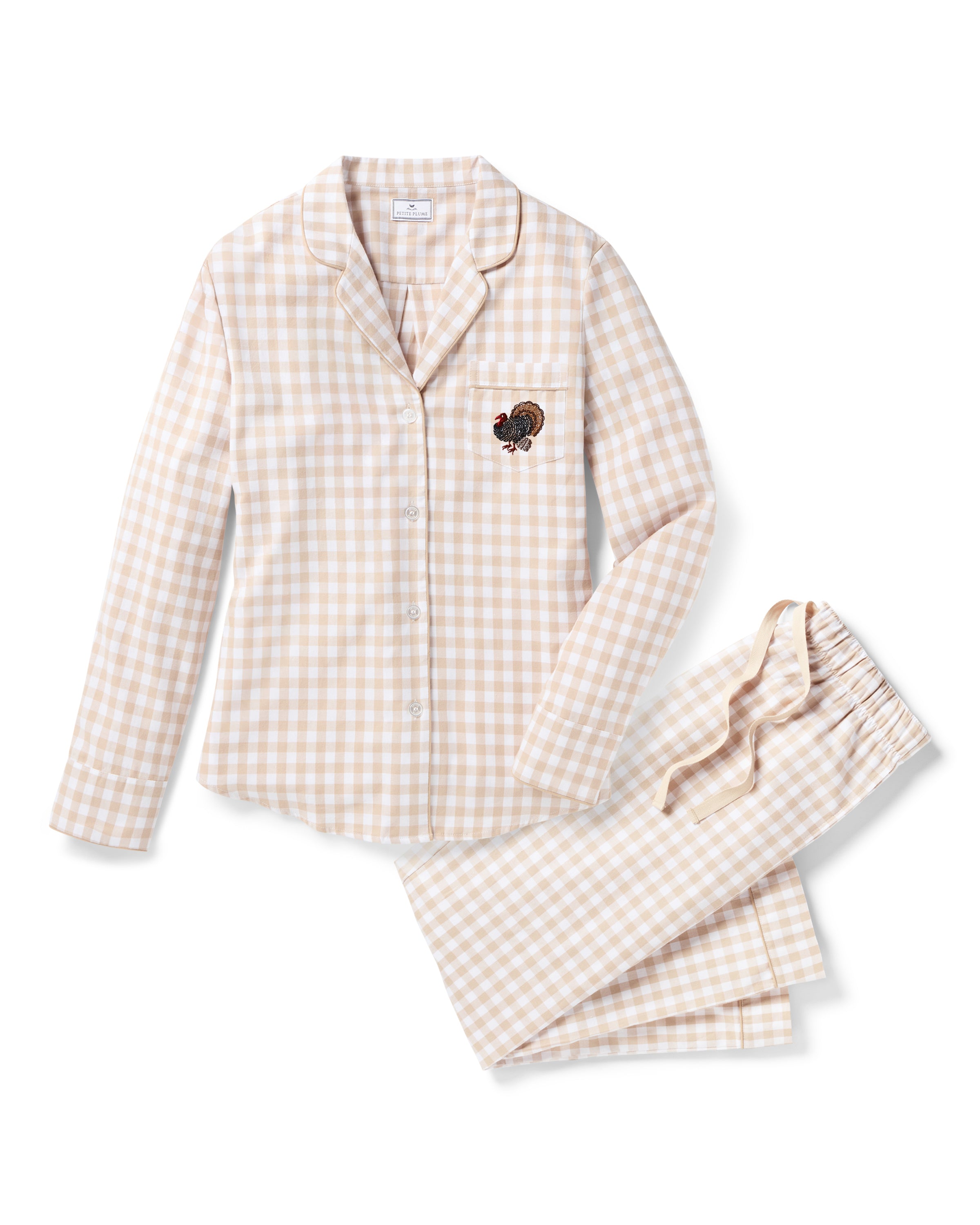 Women's Twill Pajama Set in Camel Gingham with Turkey Embroidery