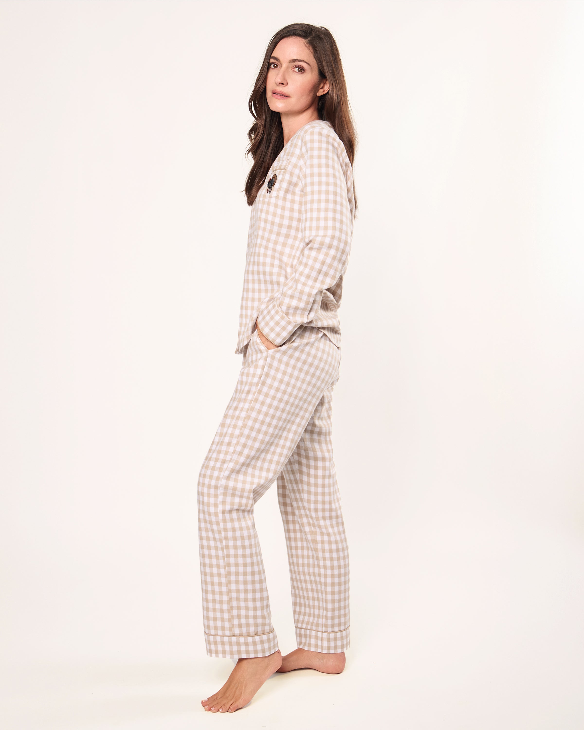 Women's Twill Pajama Set in Camel Gingham with Turkey Embroidery