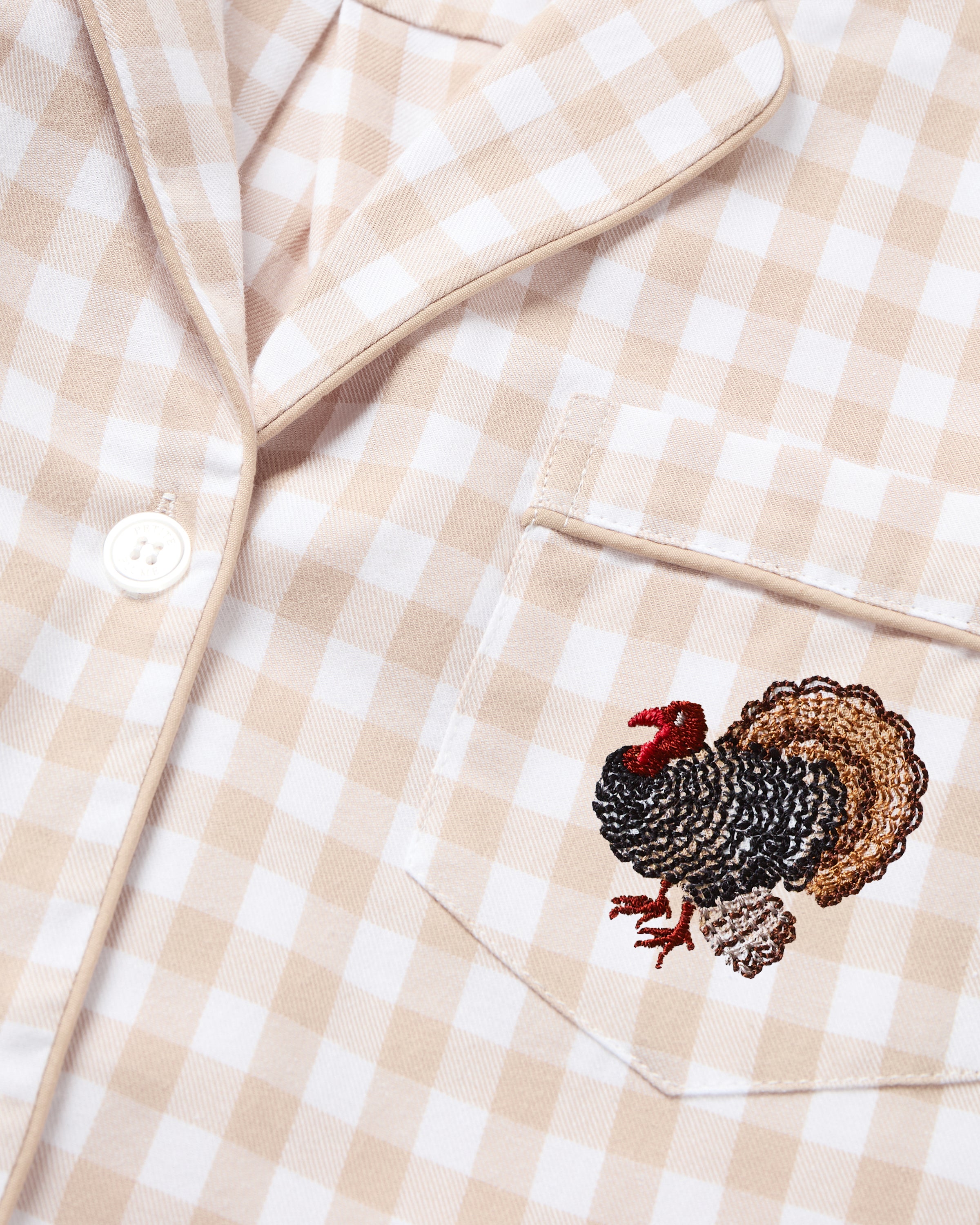 Women's Twill Pajama Set in Camel Gingham with Turkey Embroidery