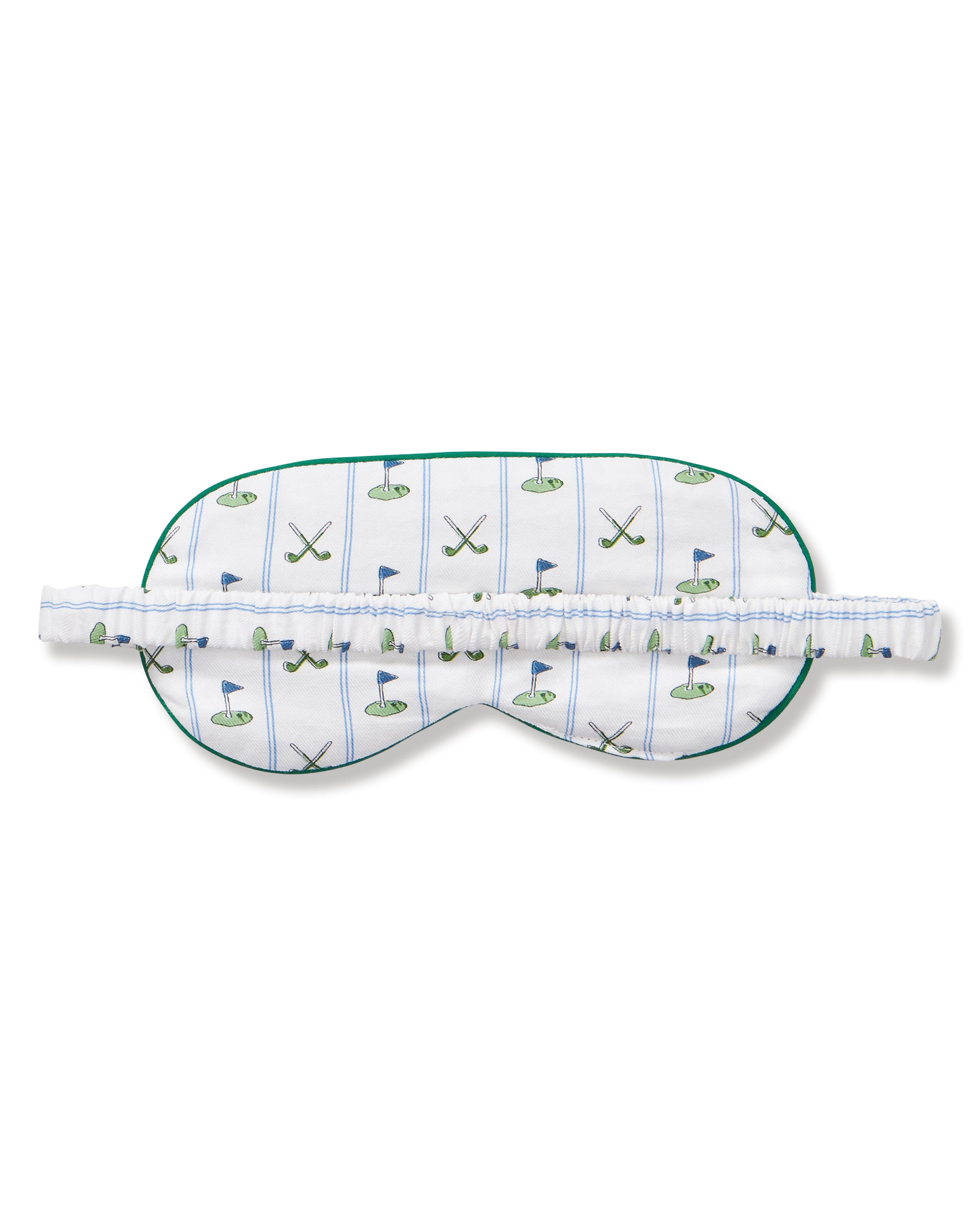The Kid's Twill Sleep Mask in Fairway Stripe features a white design with green trim, decorated with golf clubs and flags. It includes an adjustable strap and a PETITE tag.