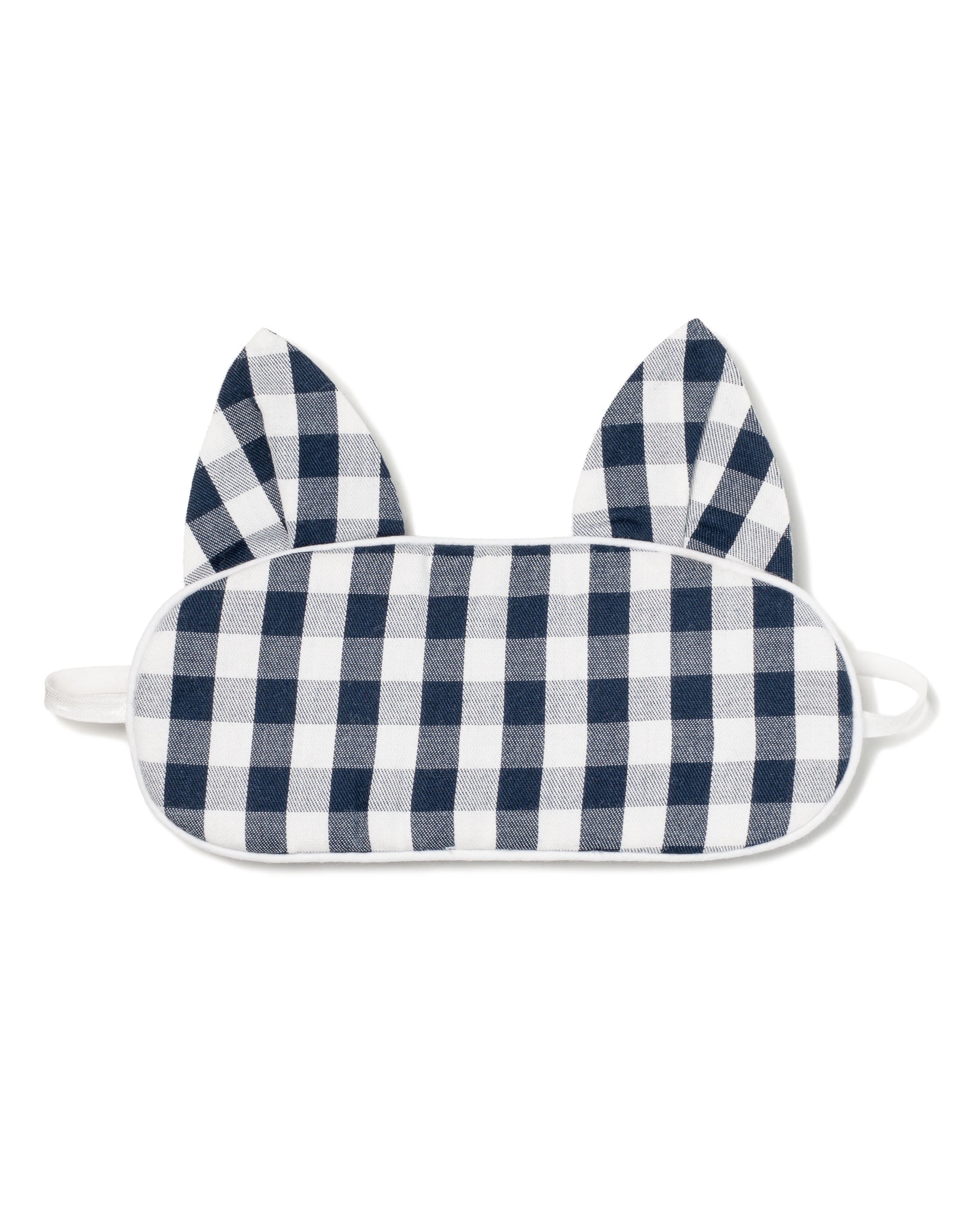 The Kids Twill Kitty Sleep Mask in Navy Gingham by Petite Plume features dark blue and white checkered squares with ear-like peaks and elastic straps, adding luxury to your collection.