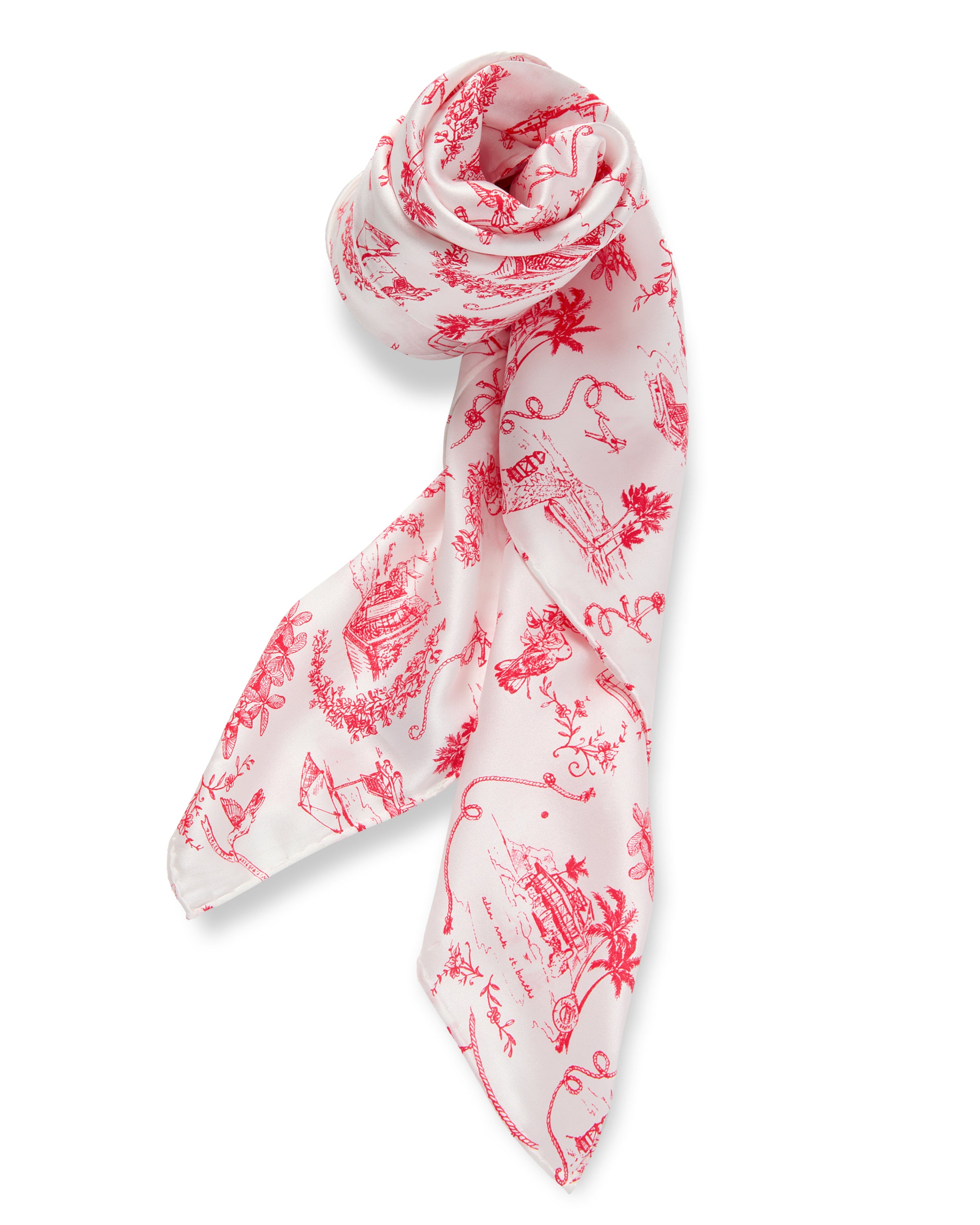 The Petite Plume x Eden Rock Reverie Silk Scarf is a limited-edition white silk piece with intricate red toile de Jouy prints, depicting nature and architecture scenes. It features pointed ends and is part of a collection inspired by the elegance of the Eden Rock hotel.