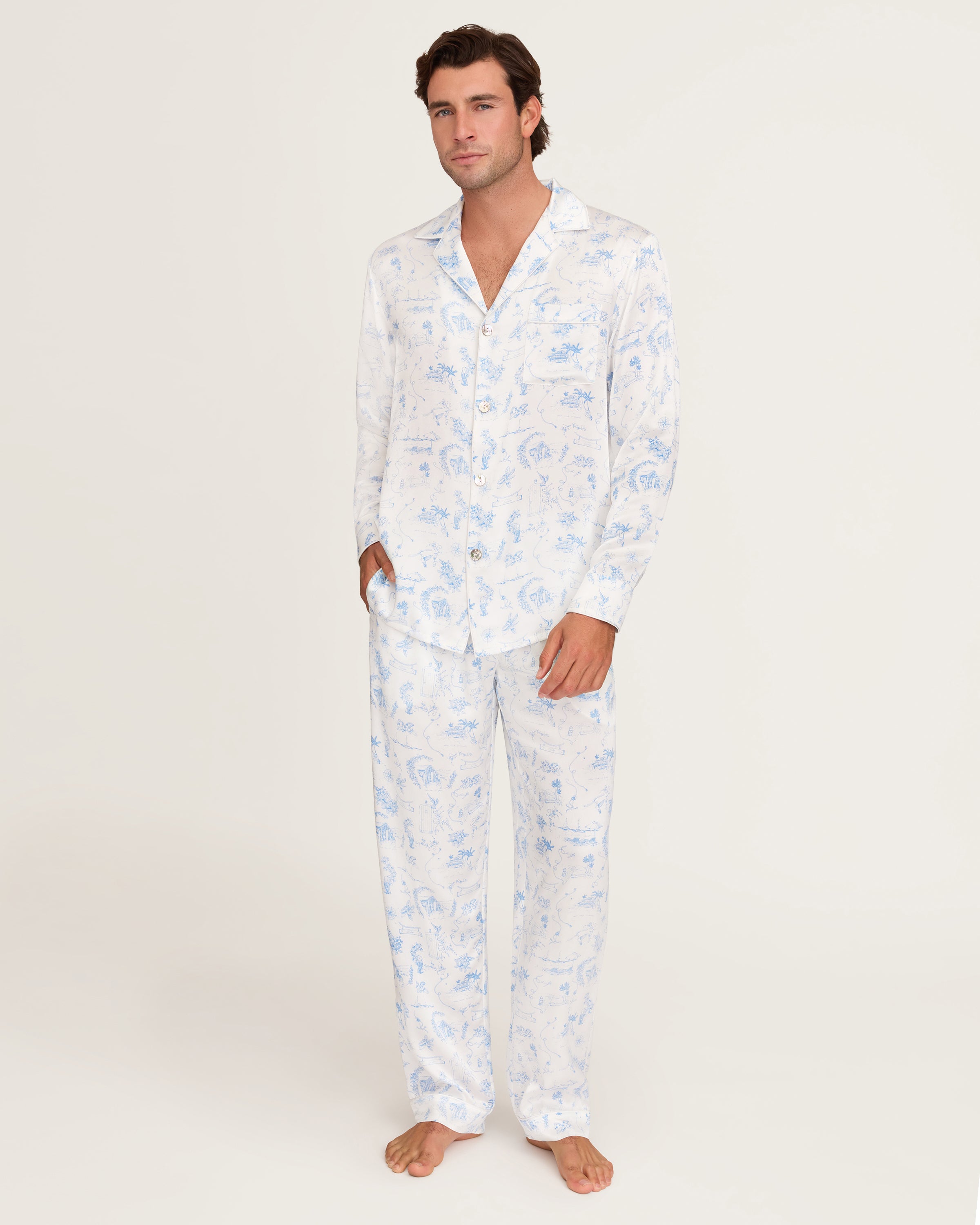 Petite Plume x Eden Rock Blue Reverie Men's Silk Pajama Set