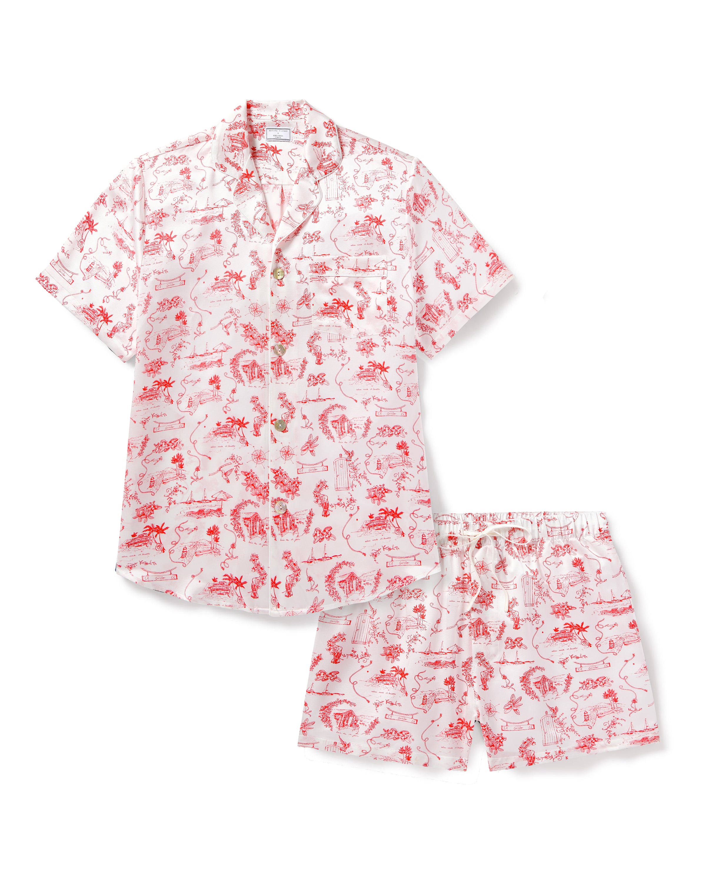 Indulge in luxury with Petite Plumes Reverie Mens Silk Short Set. This sleepwear offers a soft mulberry silk touch, featuring a short-sleeve button-up shirt and shorts adorned with a chic white and red botanical and animal print inspired by the elegance of St Barths.