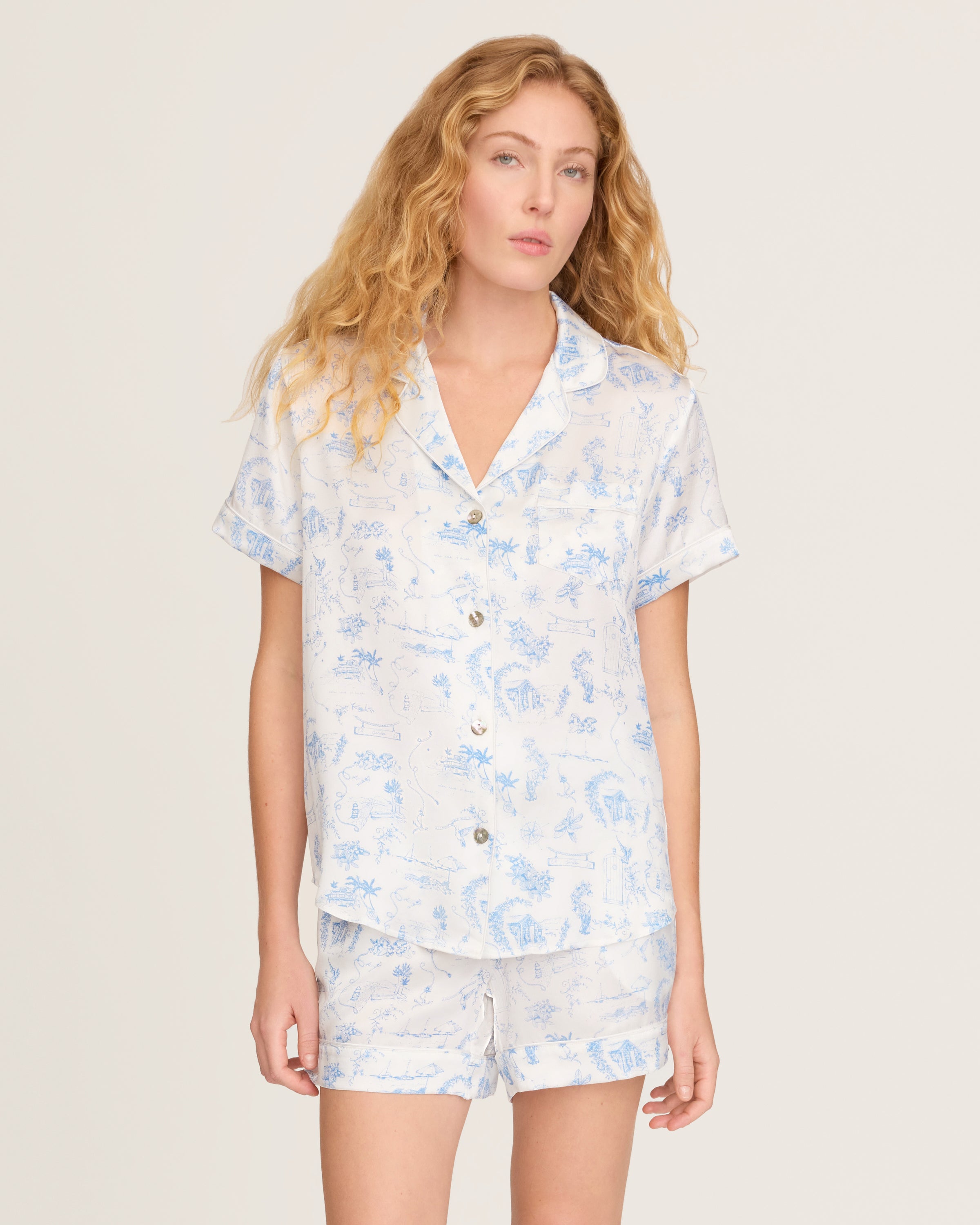 Petite Plume x Eden Rock Blue Reverie Women's Silk Short Set