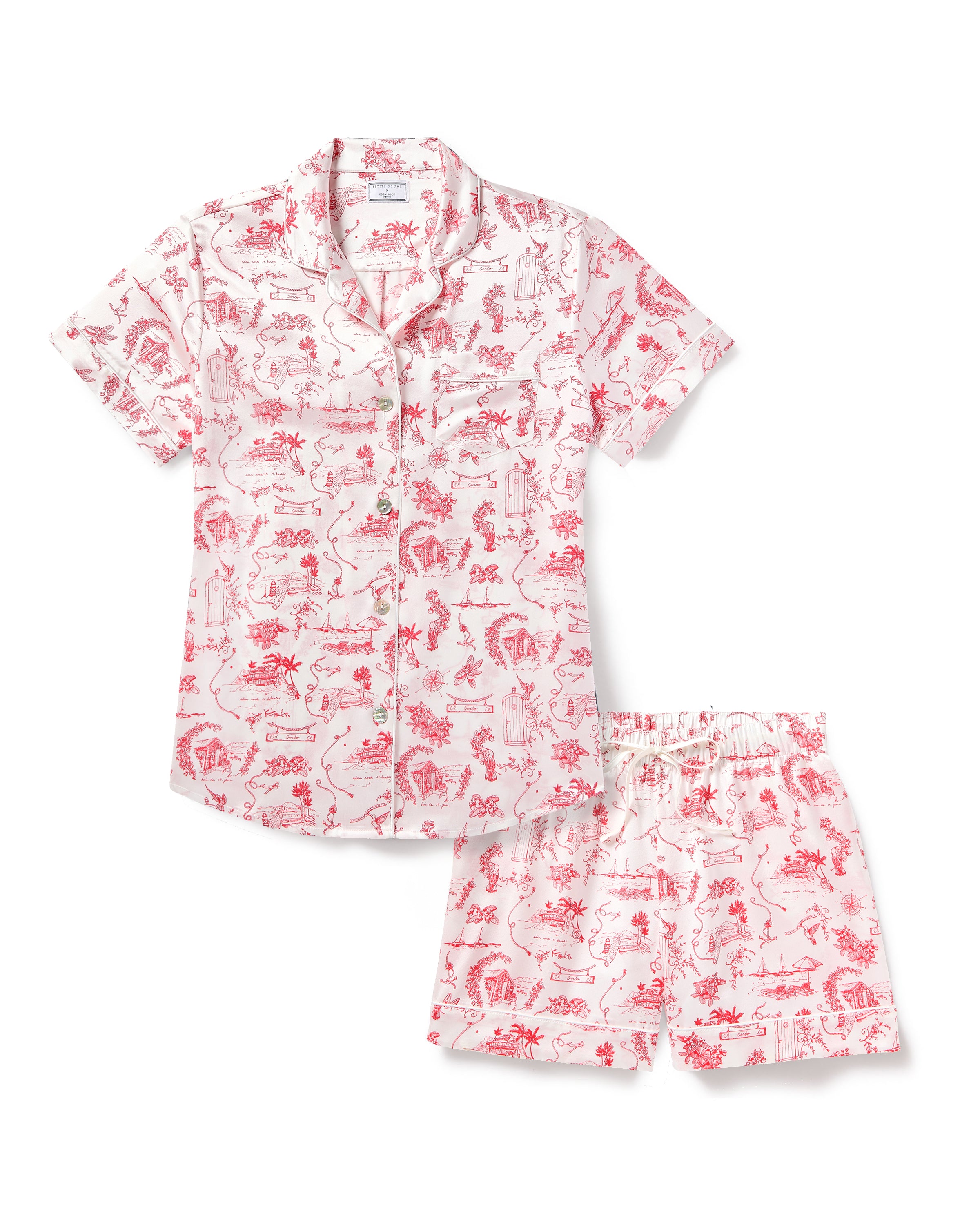 Indulge in luxury sleepwear with the Petite Plume x Eden Rock Reverie Womens Silk Short Set. This set features a red whimsical outdoor scene print on white mulberry silk, a button-up top with a collar, and shorts with an elastic waistband for ultimate comfort.