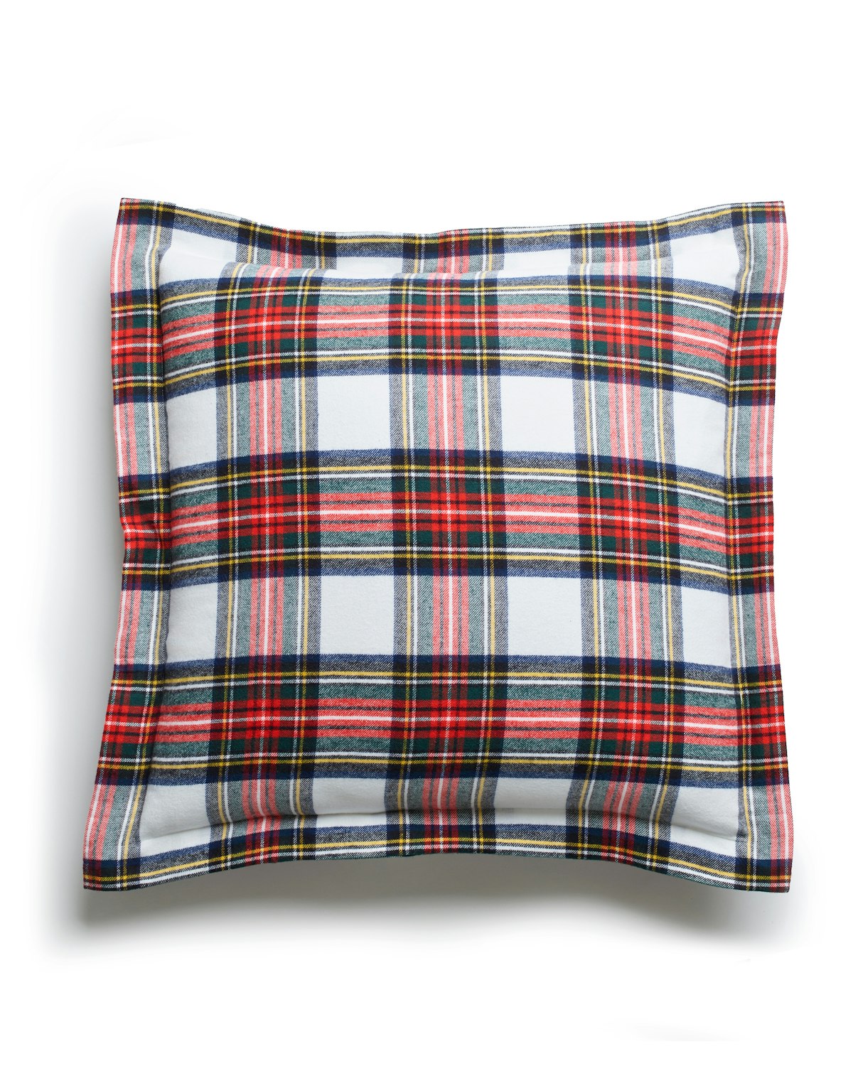 The Flannel Euro Sham in Balmoral Tartan by Petite Plume features a plaid design with red, blue, black, white, and yellow lines on a plain white background. Made from brushed cotton flannel, this soft square pillow sham offers comfort and style.