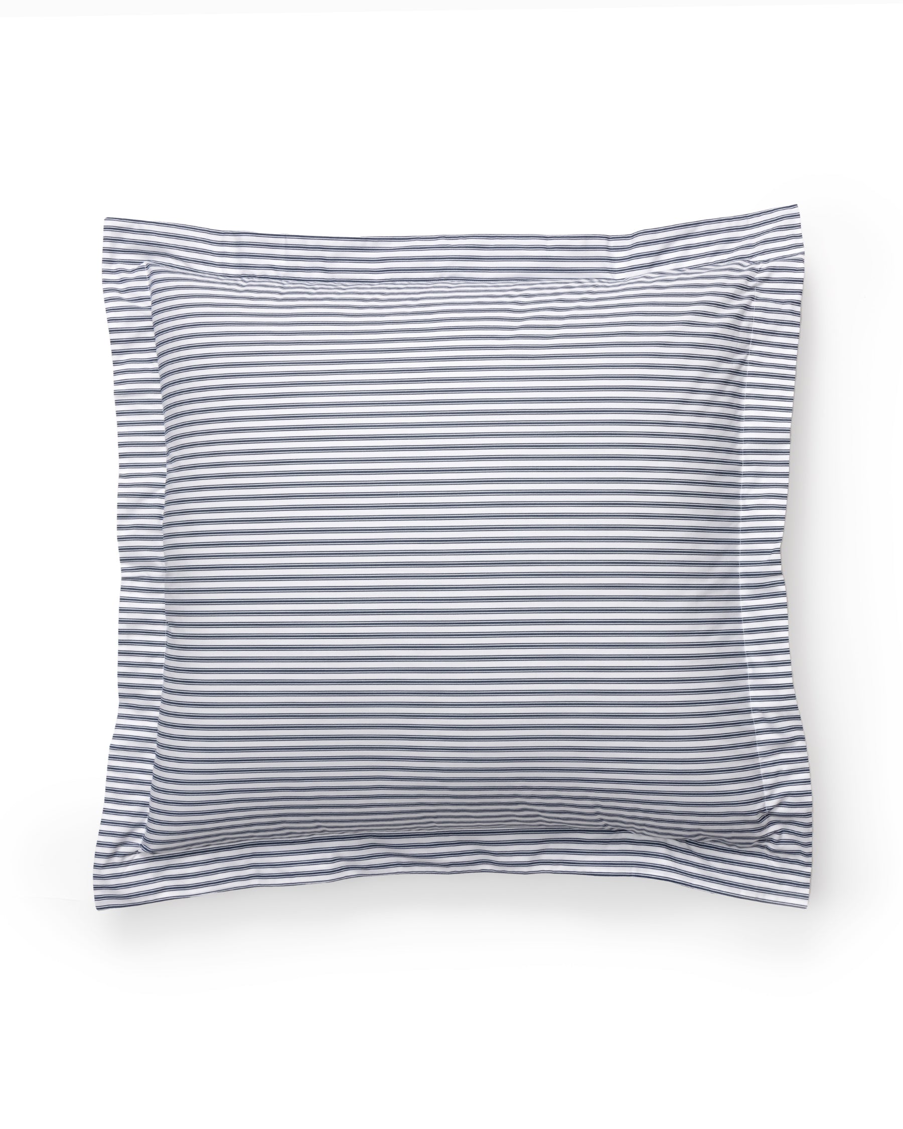 The Luxe Premium Cotton Euro Sham by Petite Plume in Navy French Ticking showcases a cozy horizontal striped cover, crafted from soft percale fabric with a neat border or flange for a formal look on a plain white background.