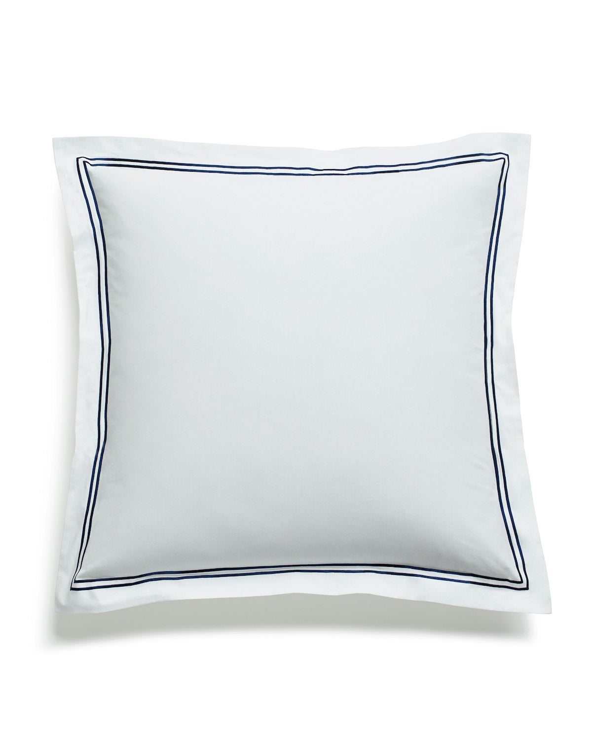 The Luxe Premium Percale Euro Sham by Petite Plume features a square white design with a navy double-lined border, crafted from cozy percale fabric, set against a white background.
