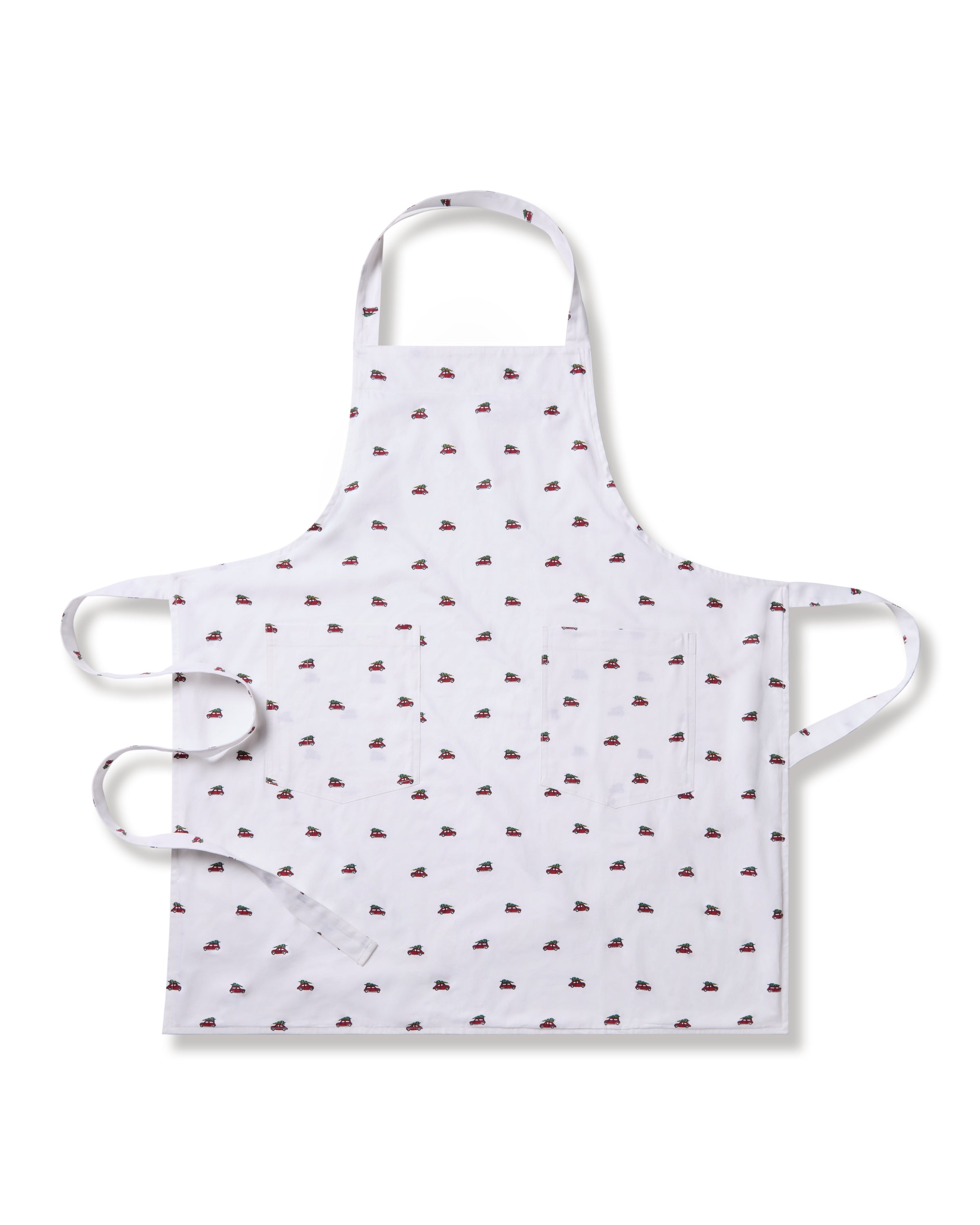 The Petite Plume Adult Apron in Holiday Journey features a charming pattern of small brown hats, perfect for cooking and baking sessions. It includes a neck loop and side ties, making it an ideal choice for holiday baking adventures.