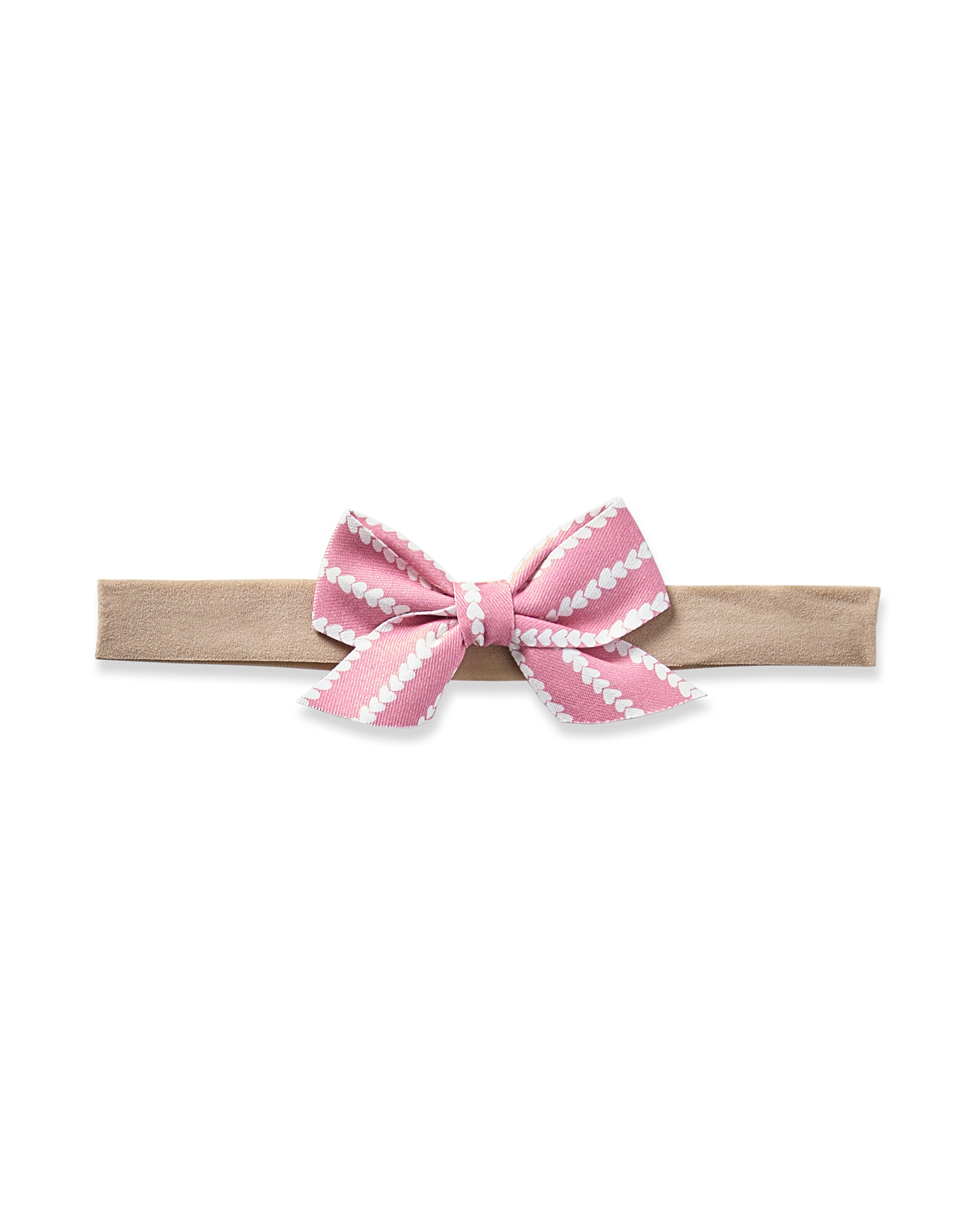 The Girls Twill Hair Bow in Love Lines by Petite Plume is a charming beige headband with a decorative pink bow featuring white stripes and scalloped edges, making it the perfect hair accessory for girls.