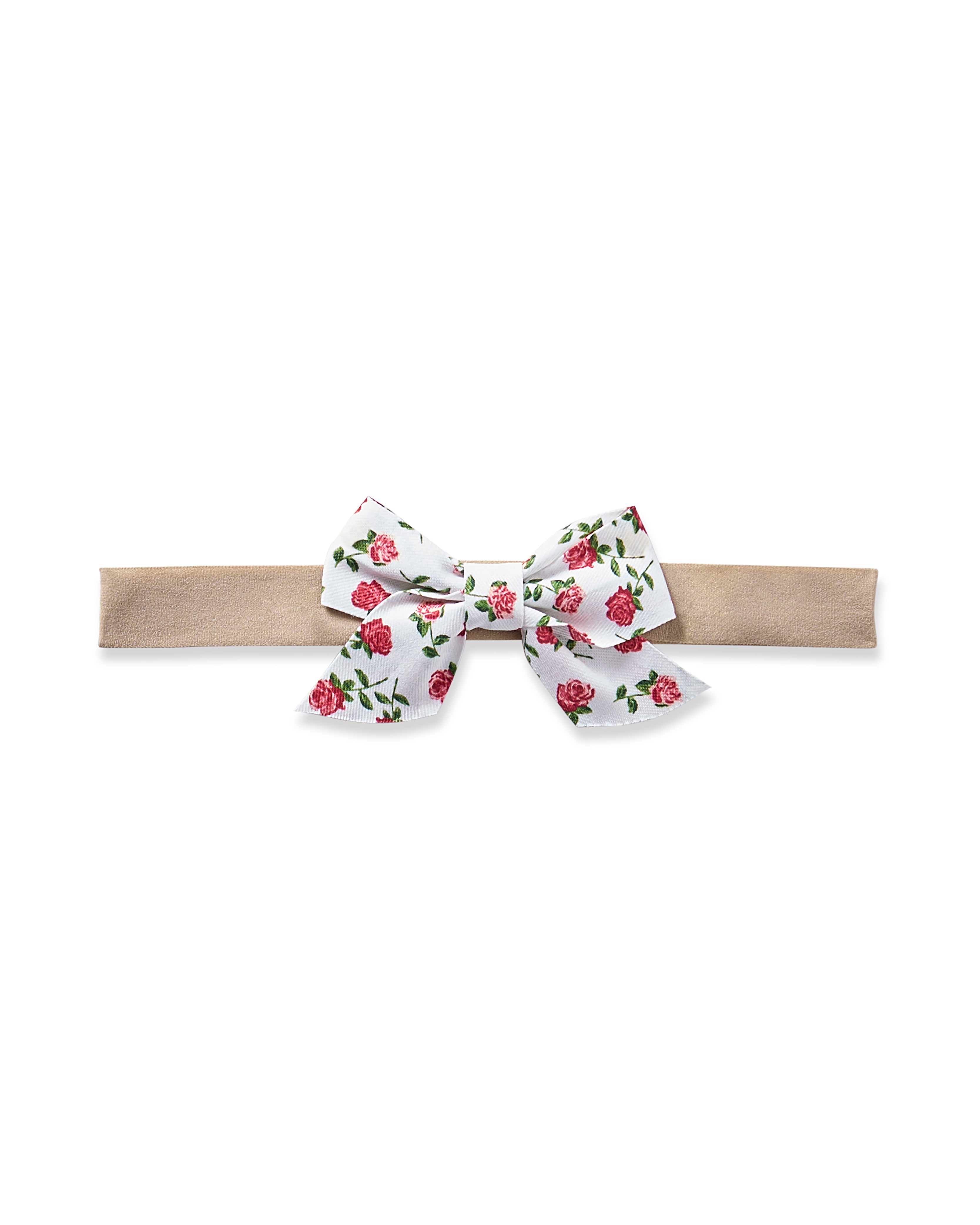 The Girls Twill Hair Bows in Petite Petals by Petite Plume, a beige elastic headband with a white fabric bow decorated with pink roses and green leaves, is the perfect pajamas accessory for girls.
