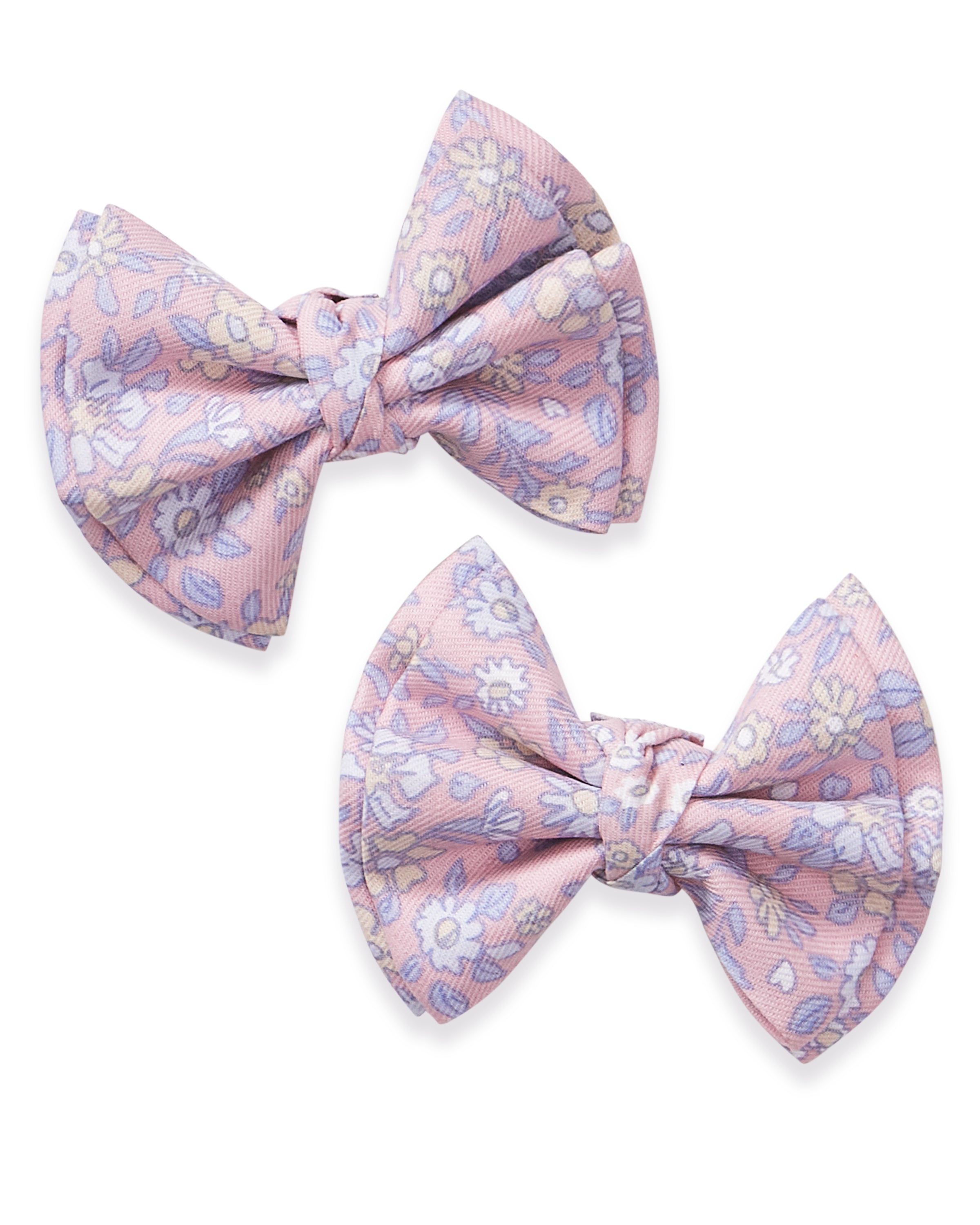 Two Girl's Twill Hair Bows in Fleur Blush, pink fabric bows with a floral pattern of white, yellow, and lavender flowers, displayed on a white background.