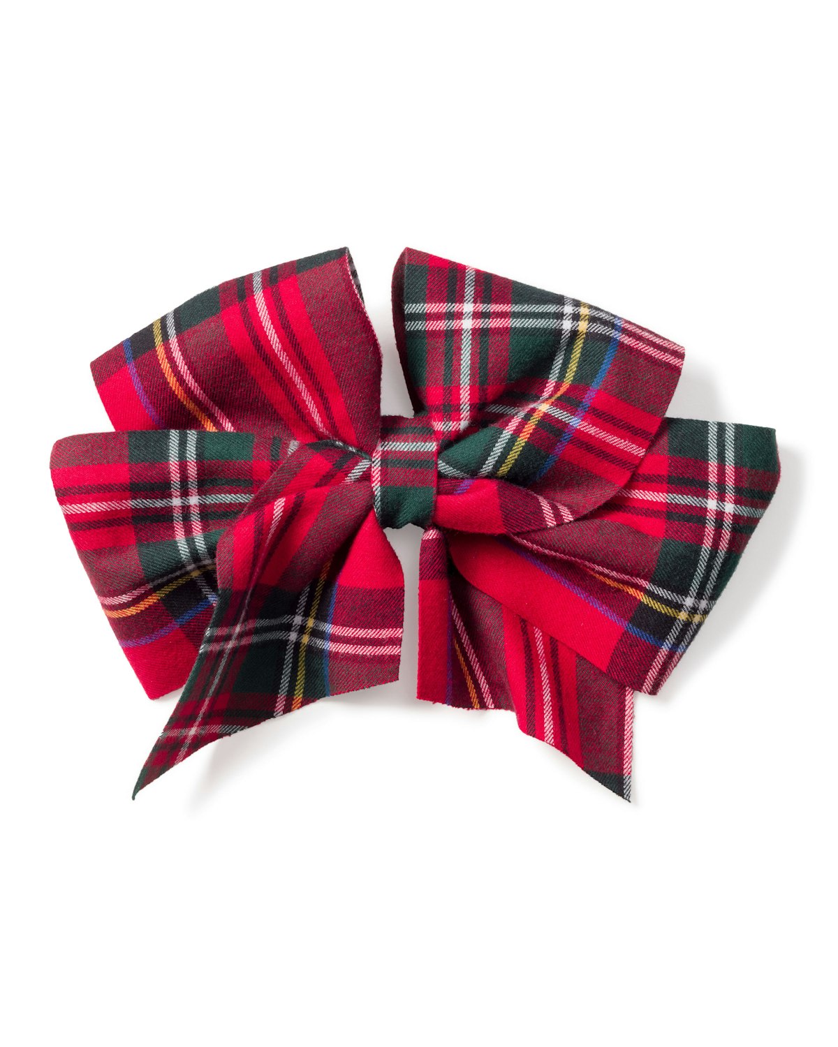 The Girls Hair Bow in Imperial Tartan by Petite Plume is a red plaid bow with green, white, and yellow stripes tied symmetrically, perfect for festive holiday wear.