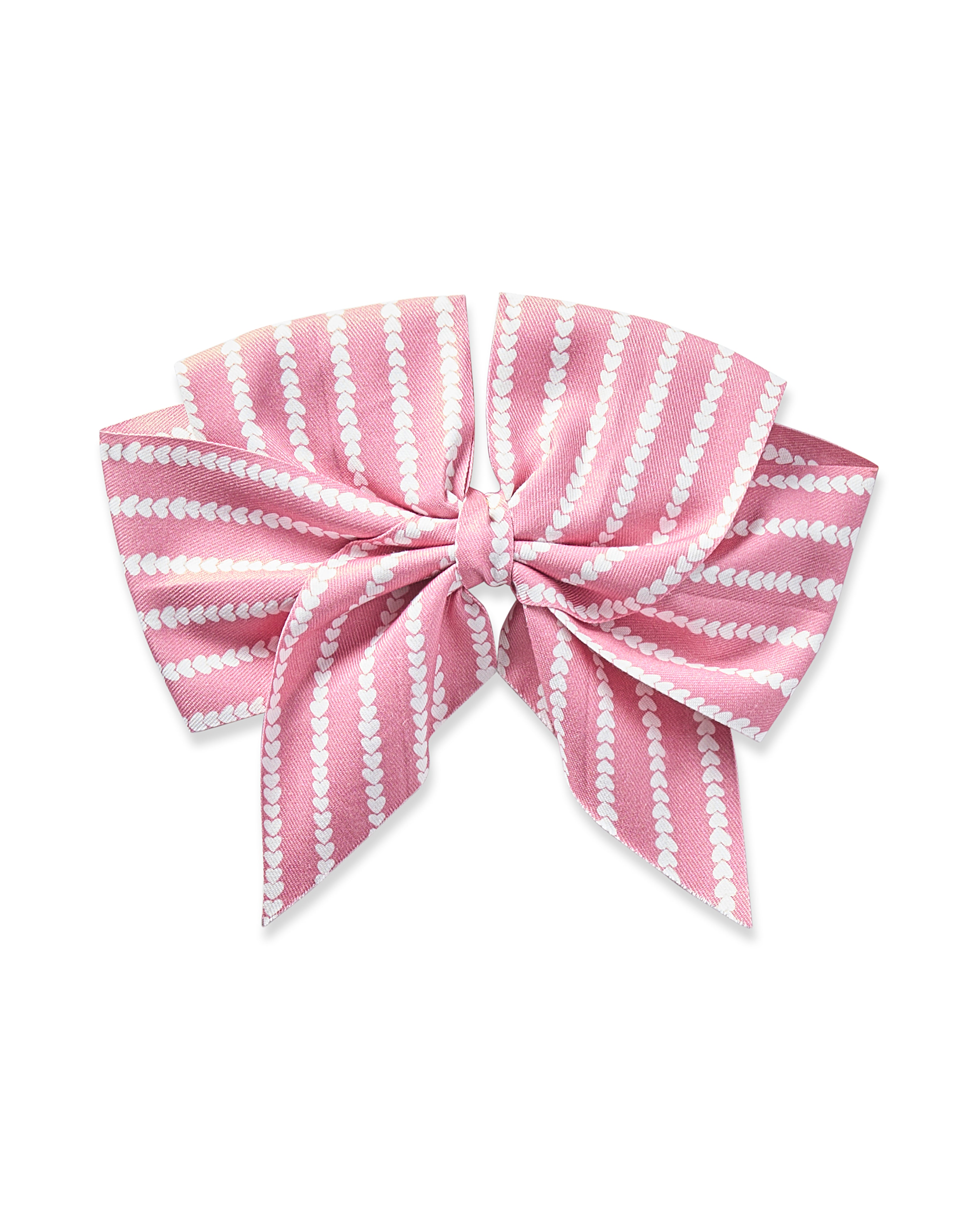 The Girls Twill Hair Bow in Love Lines by Petite Plume showcases a symmetrical design with pink and white horizontal stripes, featuring solid pink and dotted sections. This charming accessory has a central knot with ribbon loops and tails against a plain white background.